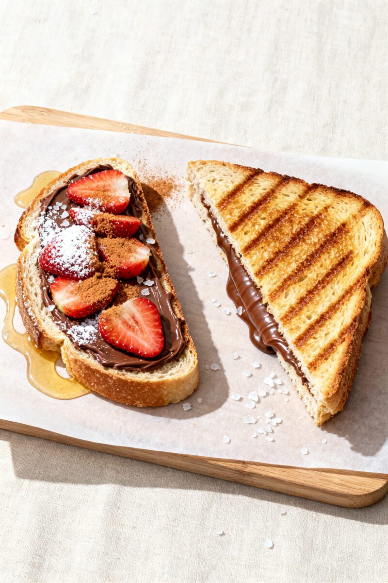 Overhead “tasty top view”: Two variations side-by-side on a parchment-lined board—one open-fac