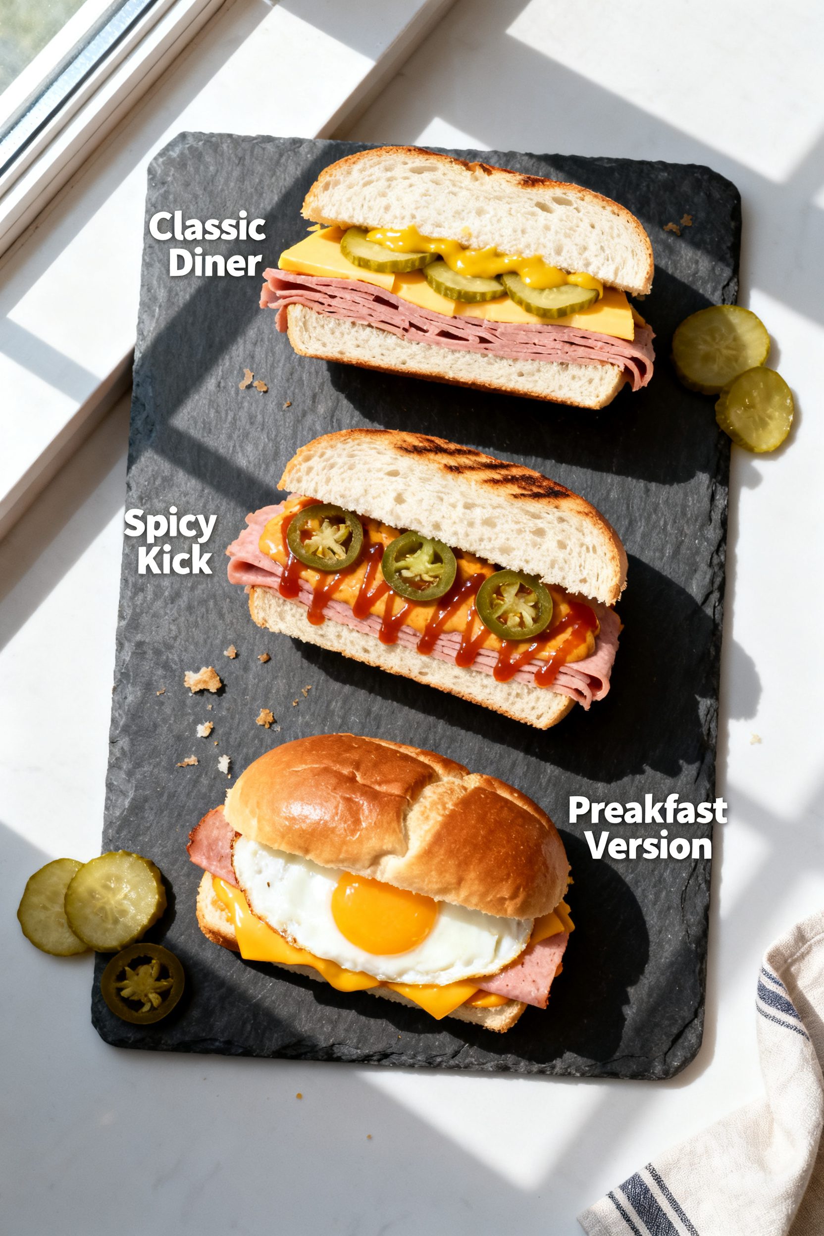 Overhead tasty top view, variation showcase: Top-down composition of three halved bologna sandwiches