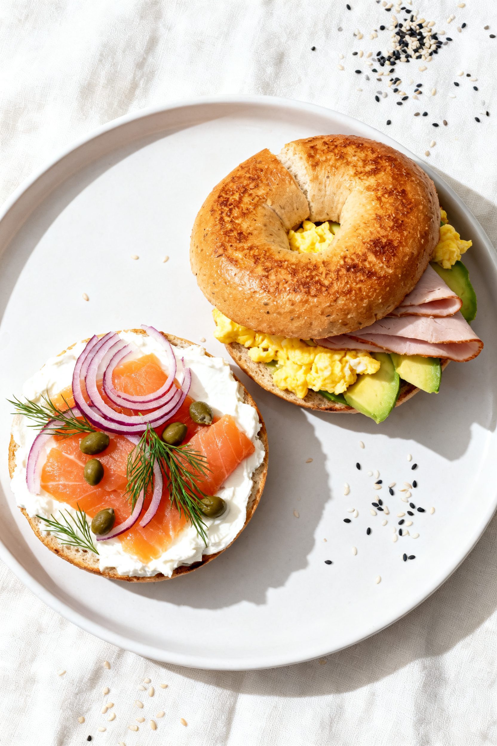 Overhead top-down shot of sliced and toasted high-protein bagels assembled into breakfast sandwiches