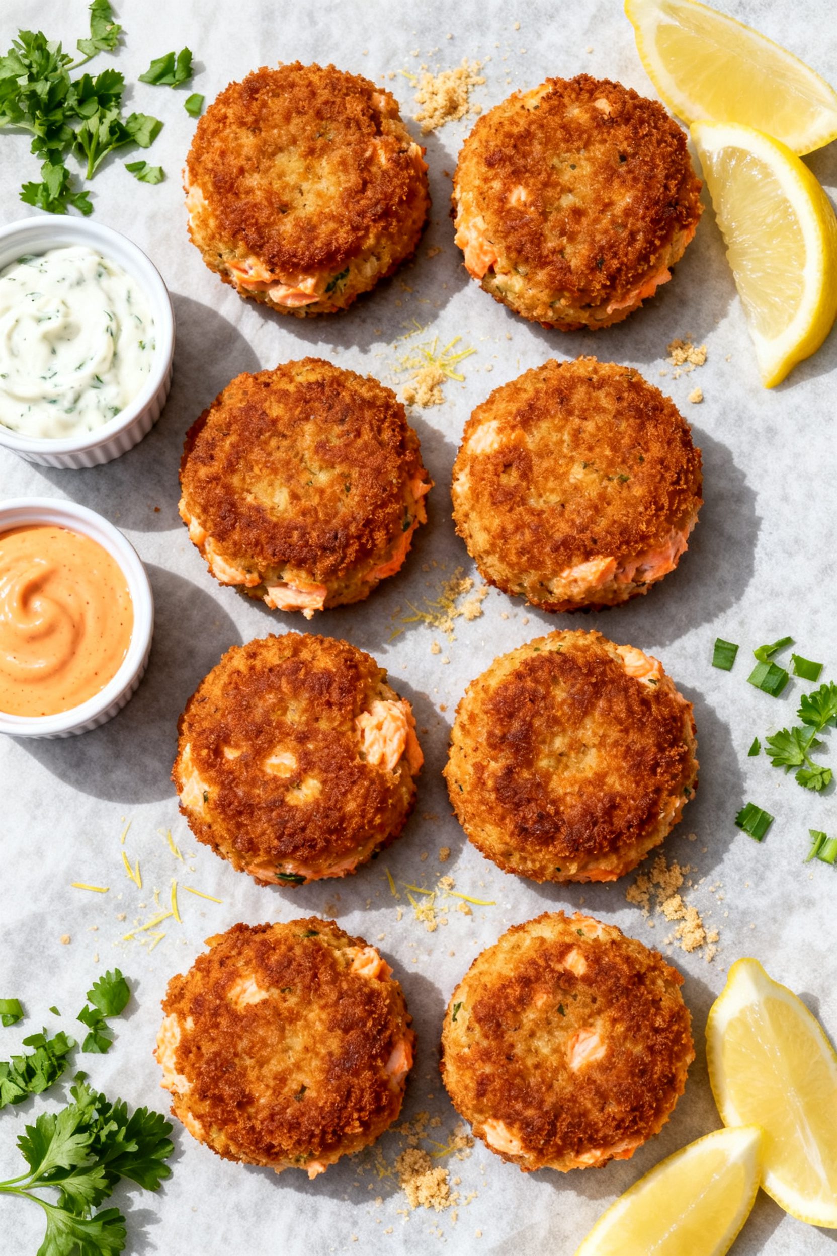 Overhead top-down: Tasty top view of eight evenly sized salmon croquettes arranged in a neat grid on