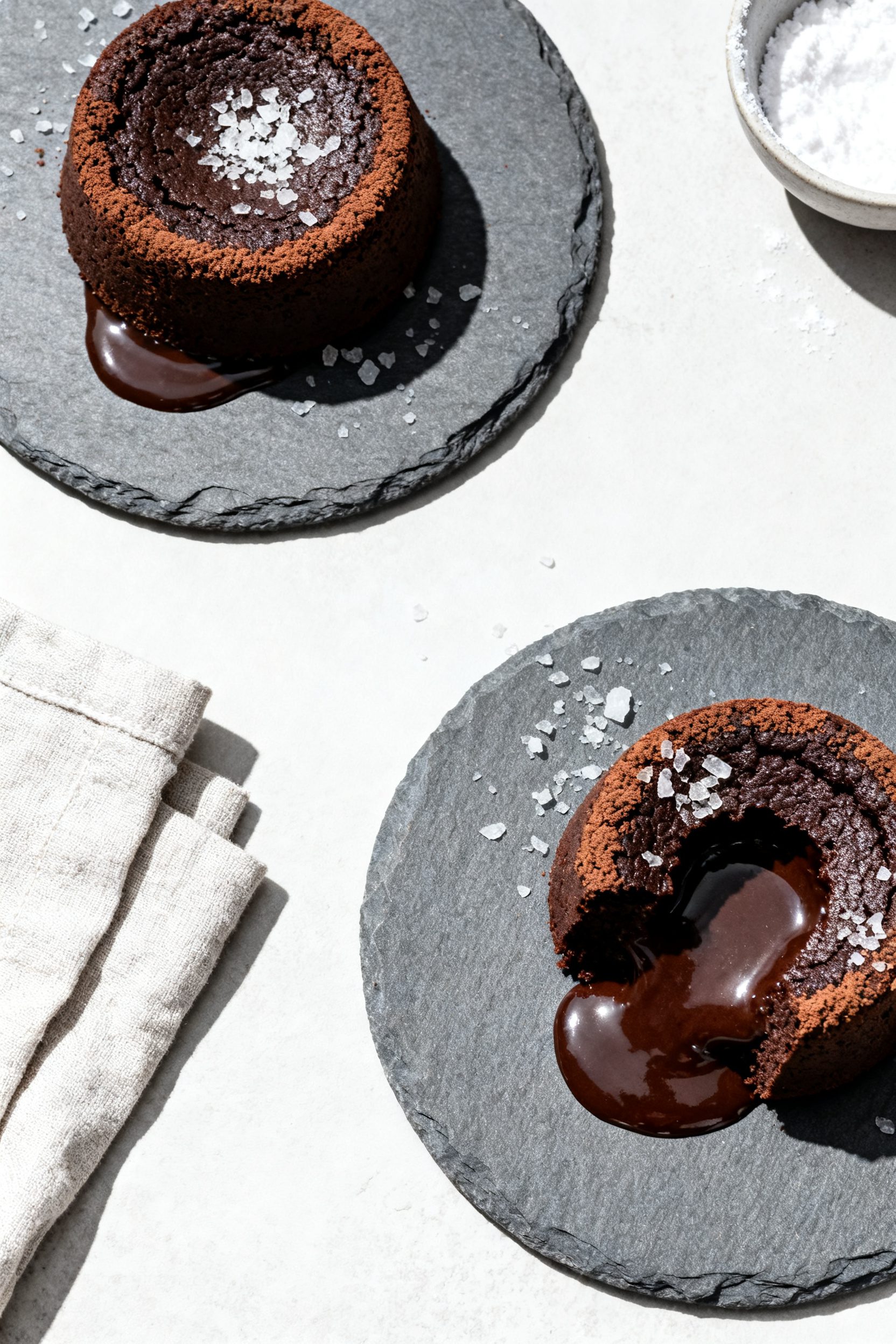 Overhead top view, tasting moment: Two individual lava cakes on slate-gray plates, one intact and on