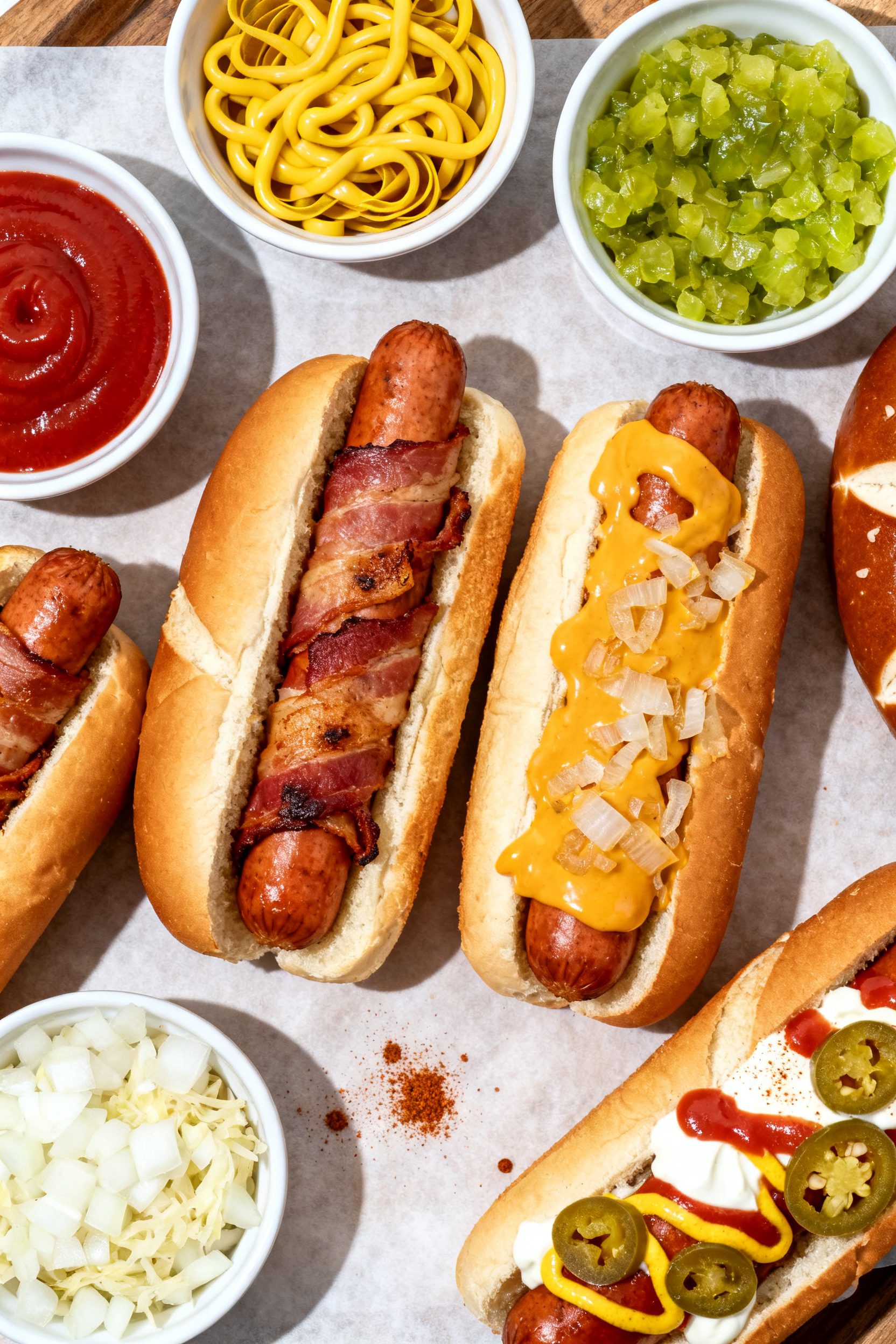 Overhead “topping bar” scene: Fully cooked bacon-wrapped hot dogs nestled in lightly toasted bri