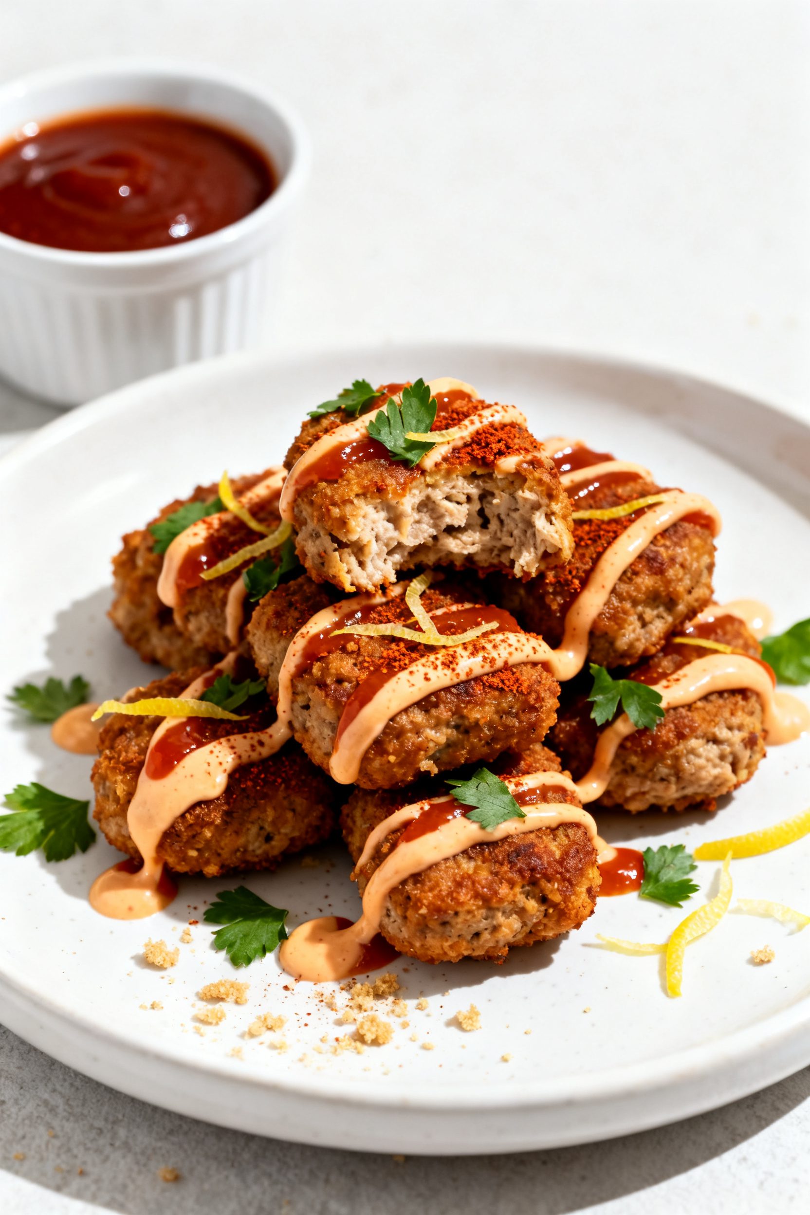Plated hero dish: Restaurant-quality presentation of air fryer ground turkey nuggets stacked on a wh