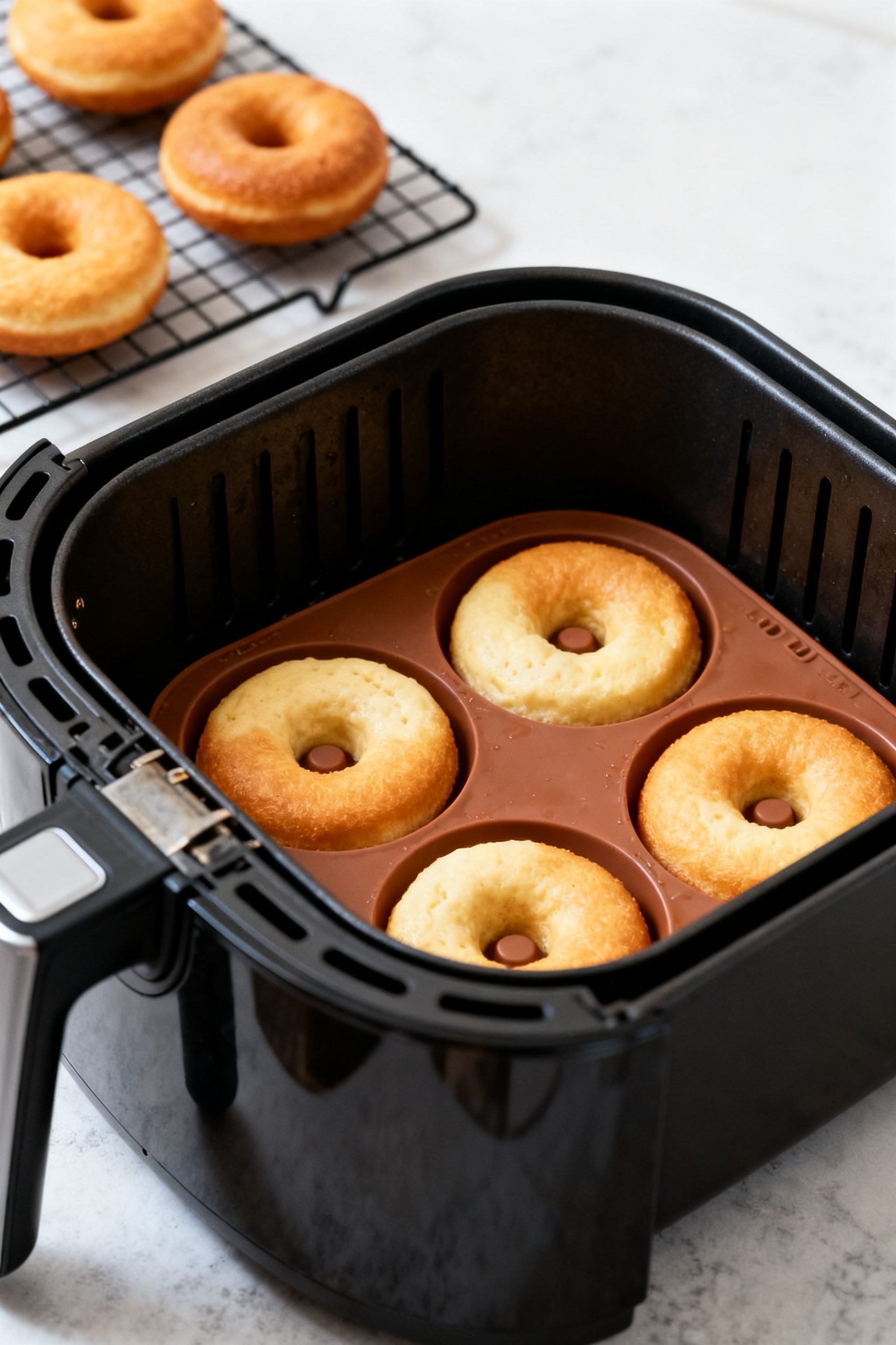 Process-in-action shot: Air fryer scene with silicone mini donut molds inside the preheated basket a