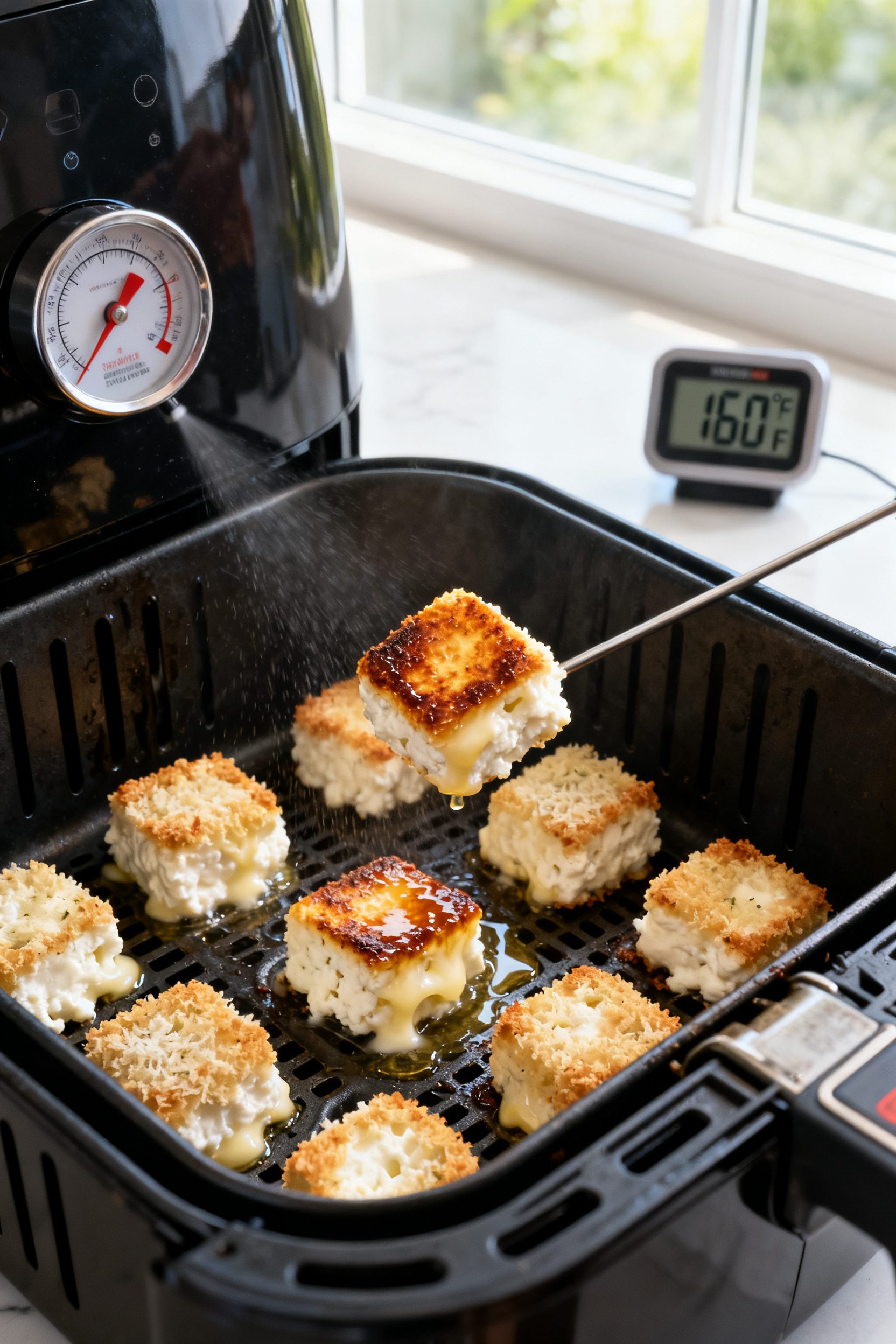 Process-in-action shot: formed, cooked cottage cheese bites mid-cook in the preheated air fryer, eve