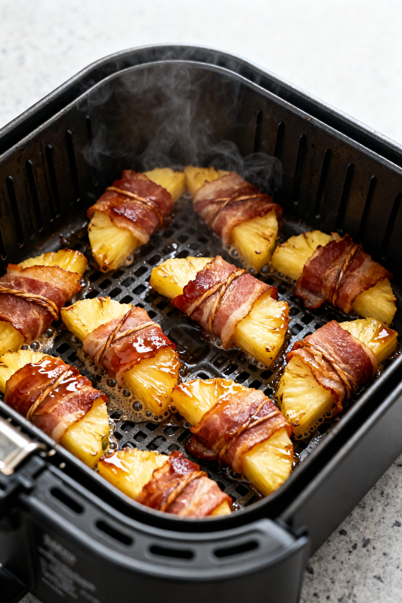 Process-in-action shot inside an air fryer: single, well-spaced layer of bacon-wrapped pineapple mid