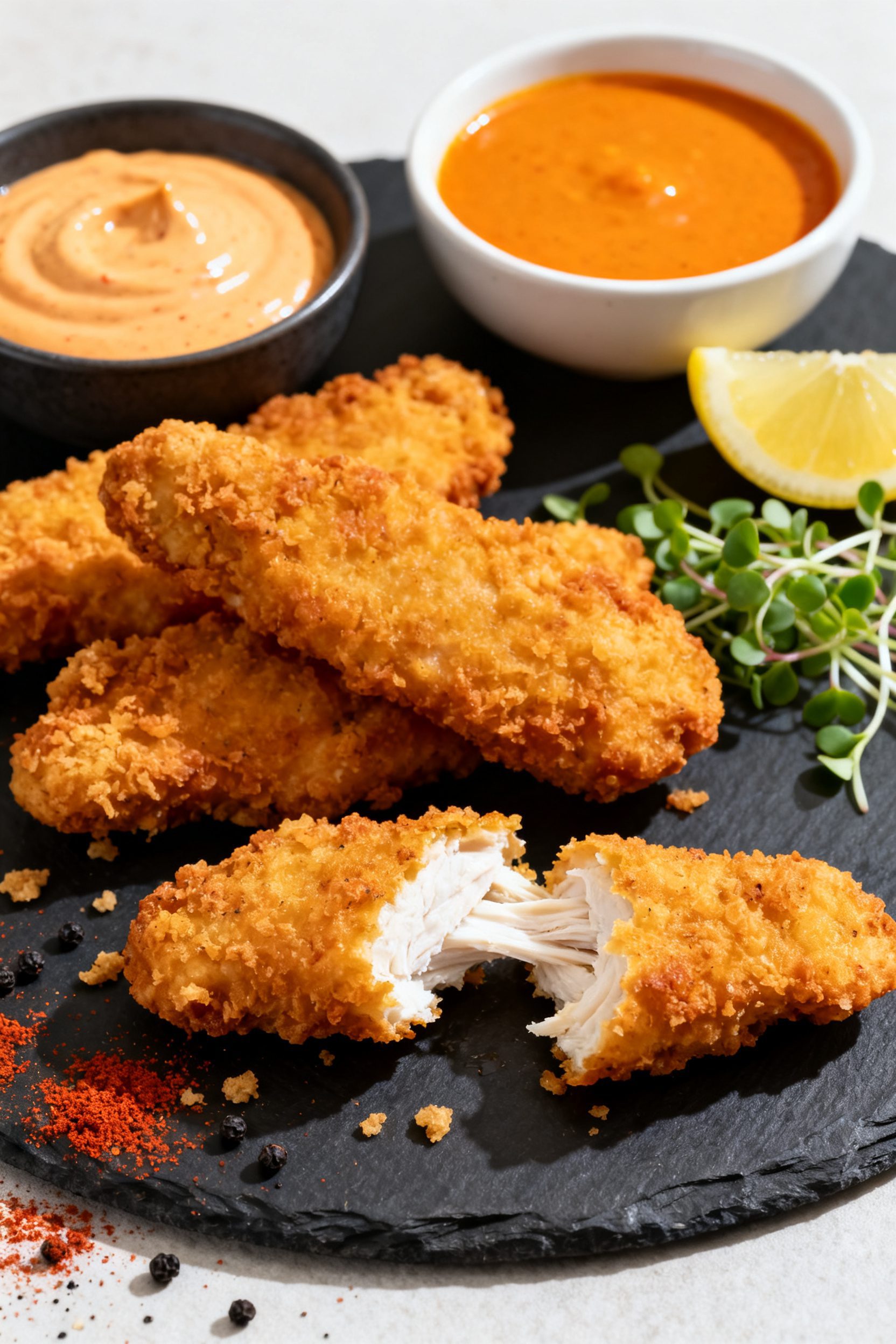 Restaurant-quality final plate: beautifully stacked air fryer battered chicken tenders on a dark sla
