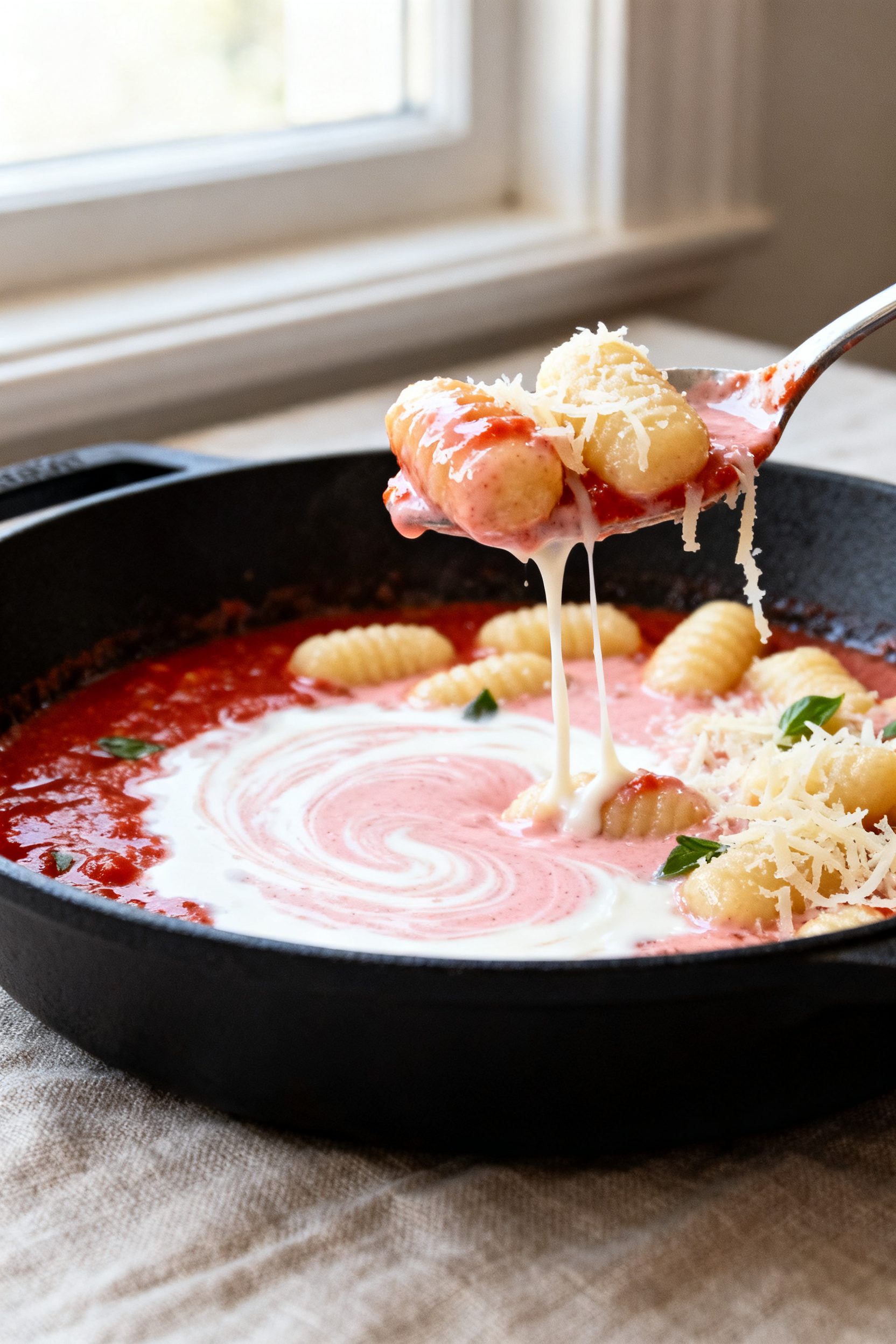 Sauce transformation detail: Skillet scene showing the tomato passata simmering and turning into a s