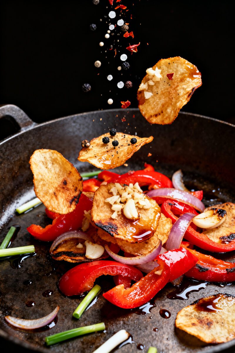 Skillet toss action: Stir-fried aromatics and finished chips in a dark carbon-steel skillet—thinly