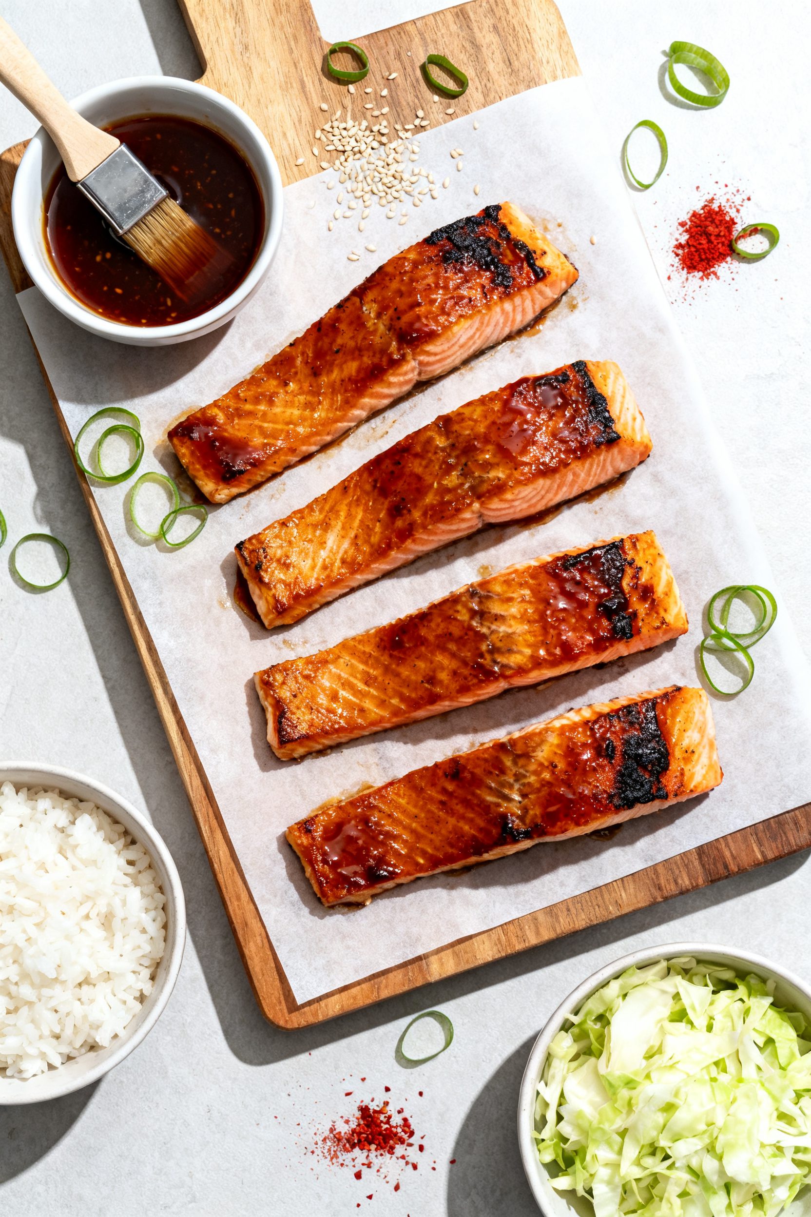 Tasty of a weeknight spread: four pieces of cooked honey glazed salmon arranged on a parchment-lined