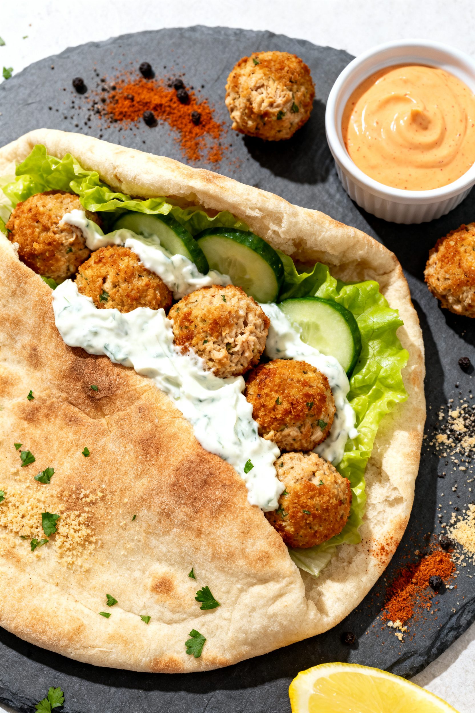 Tasty overhead, meal idea: Overhead shot of a warm pita pocket stuffed with air-fried tuna balls, cr