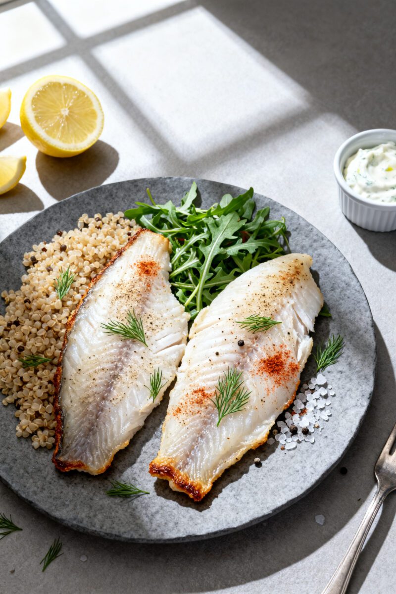 Tasty overhead shot, meal-ready presentation: of two tilapia fillets on a slate-gray plate with quin