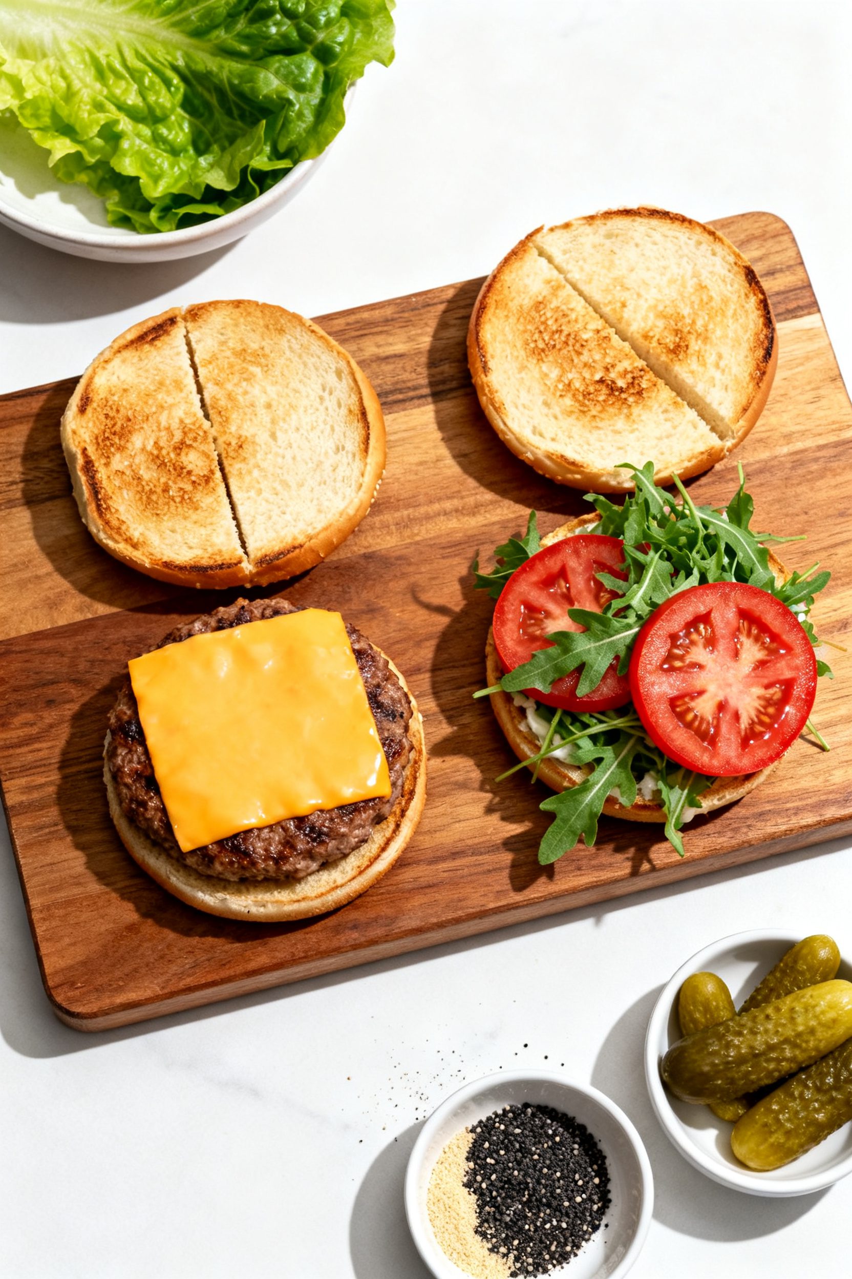 Tasty : Overhead shot of two Beyond Burgers mid-assembly on a wooden board—buns toasted cut-side u