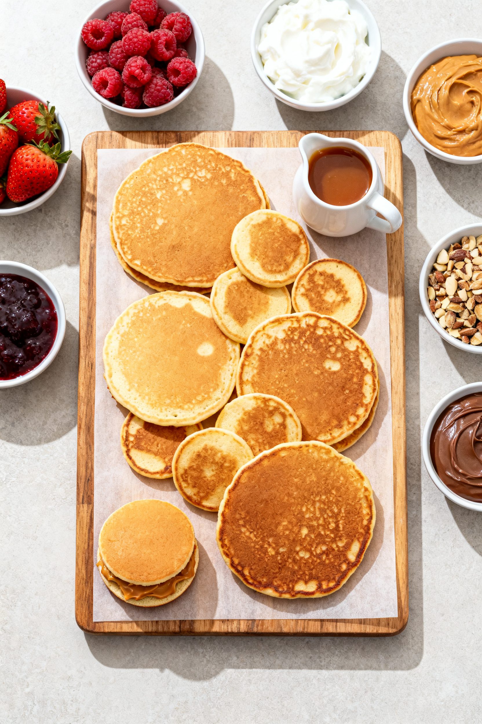 Tasty overhead variety board: Top-down shot of a breakfast spread featuring multiple air-fried panca