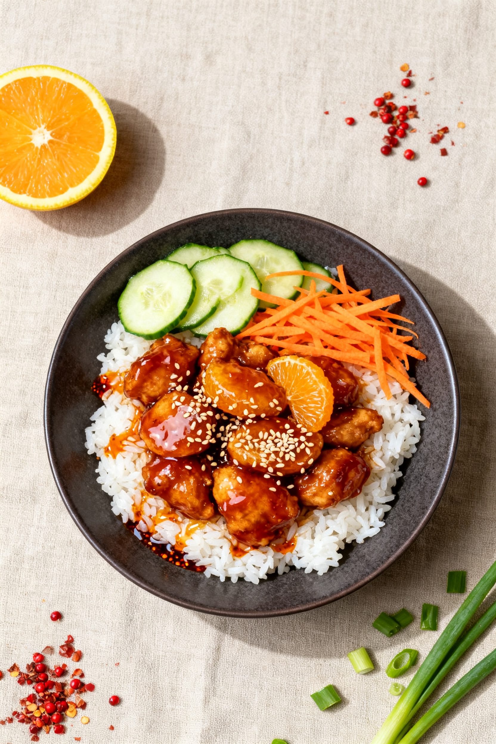 Tasty top-down bowl: Overhead shot of a “Sticky Orange Bowl” — mandarin orange chicken glazed 