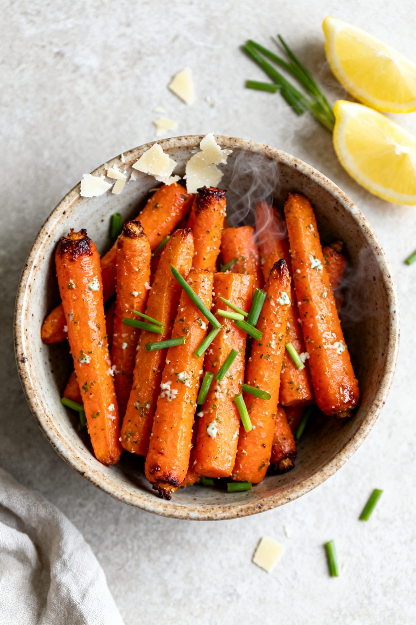 Tasty top-down bowl: Overhead shot of Air Fryer Ranch Carrots piled in a rustic stoneware bowl, show