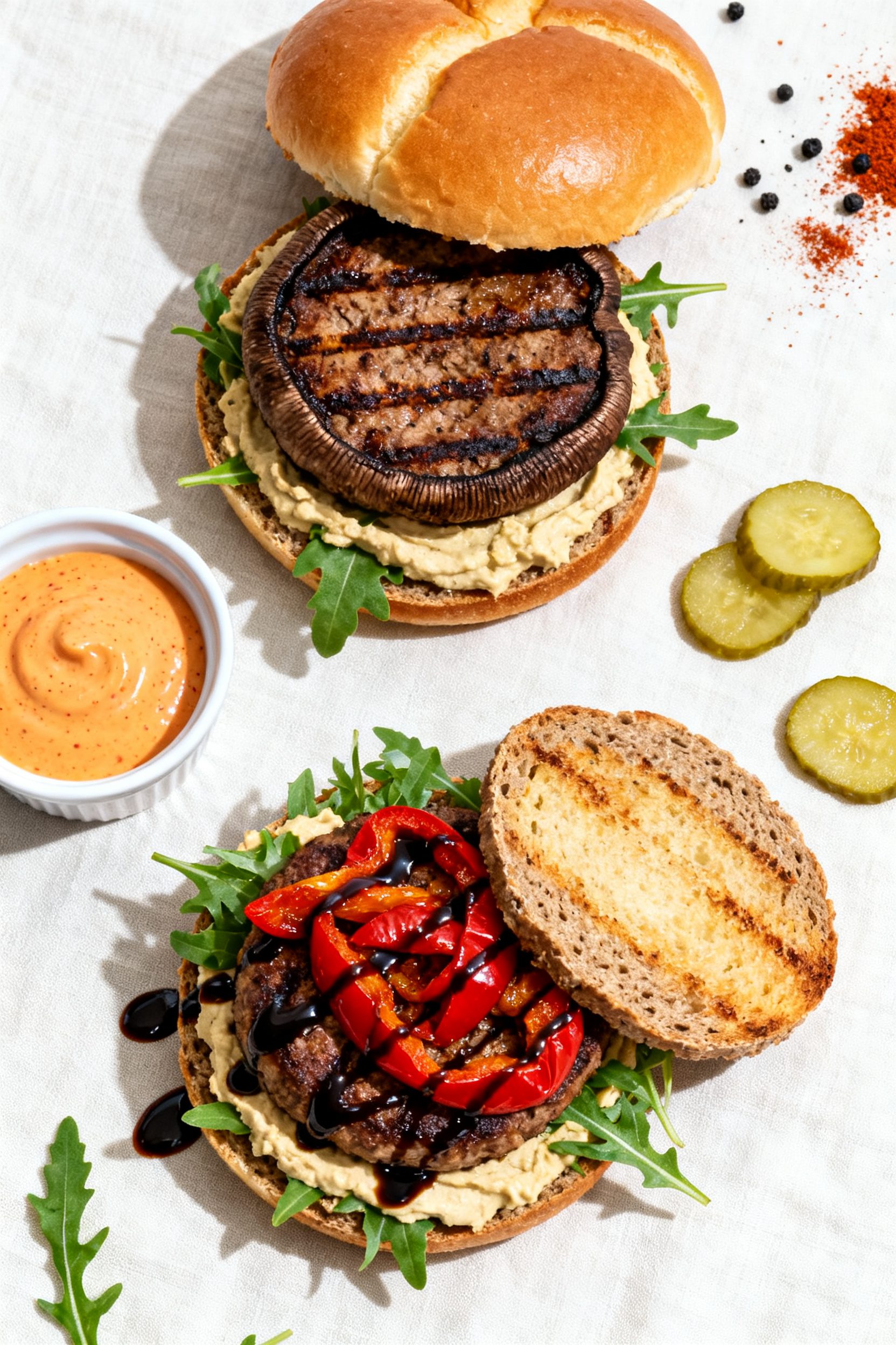 Tasty top-down spread: Overhead shot of two assembled portobello burgers—one classic and one Medit