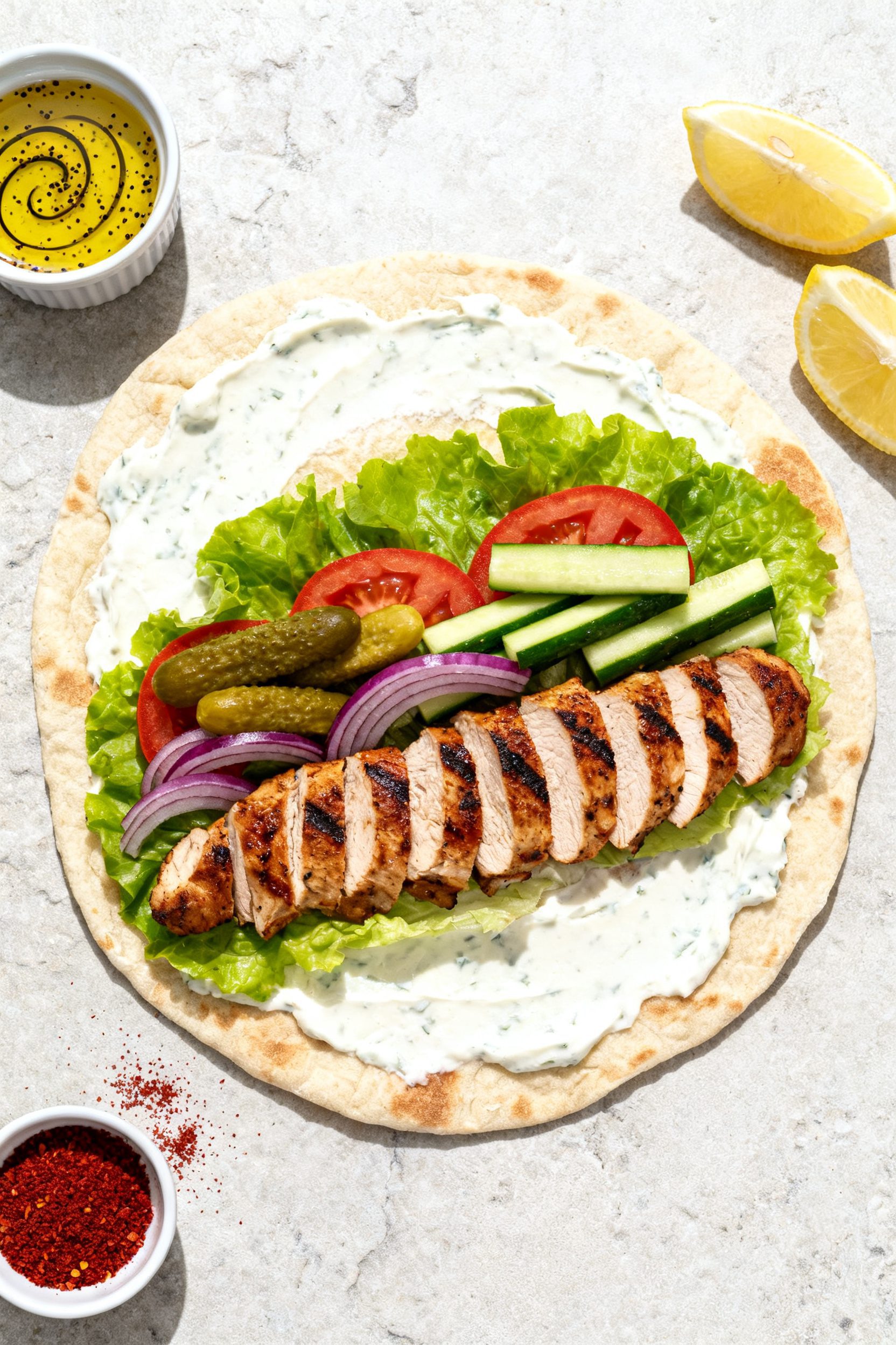 Tasty top-view assembly scene: Overhead shot of a warm pita spread with garlic yogurt sauce, layered