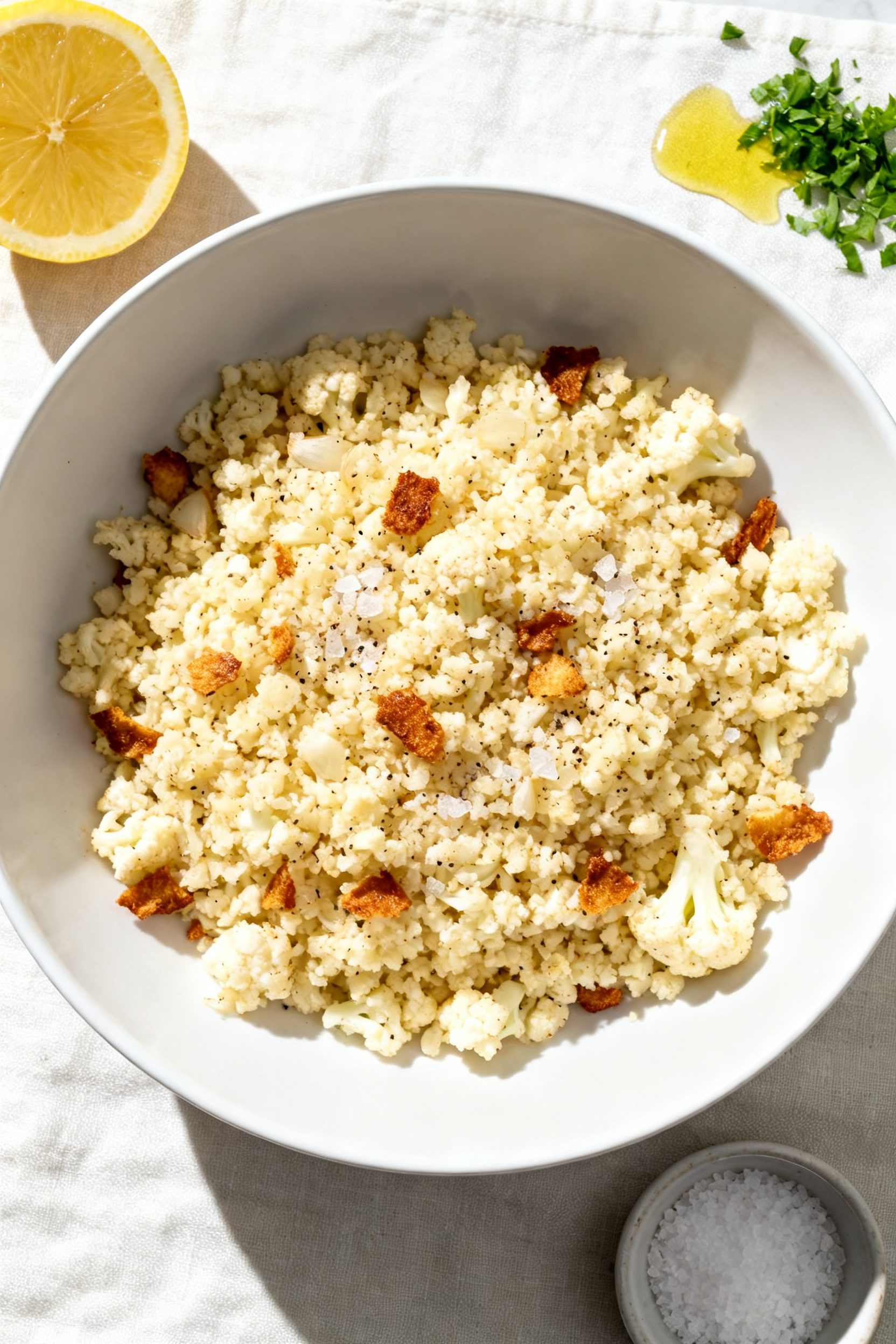 Tasty top view, base recipe: Overhead shot of a warm bowl of finished air fryer cauliflower rice, fl