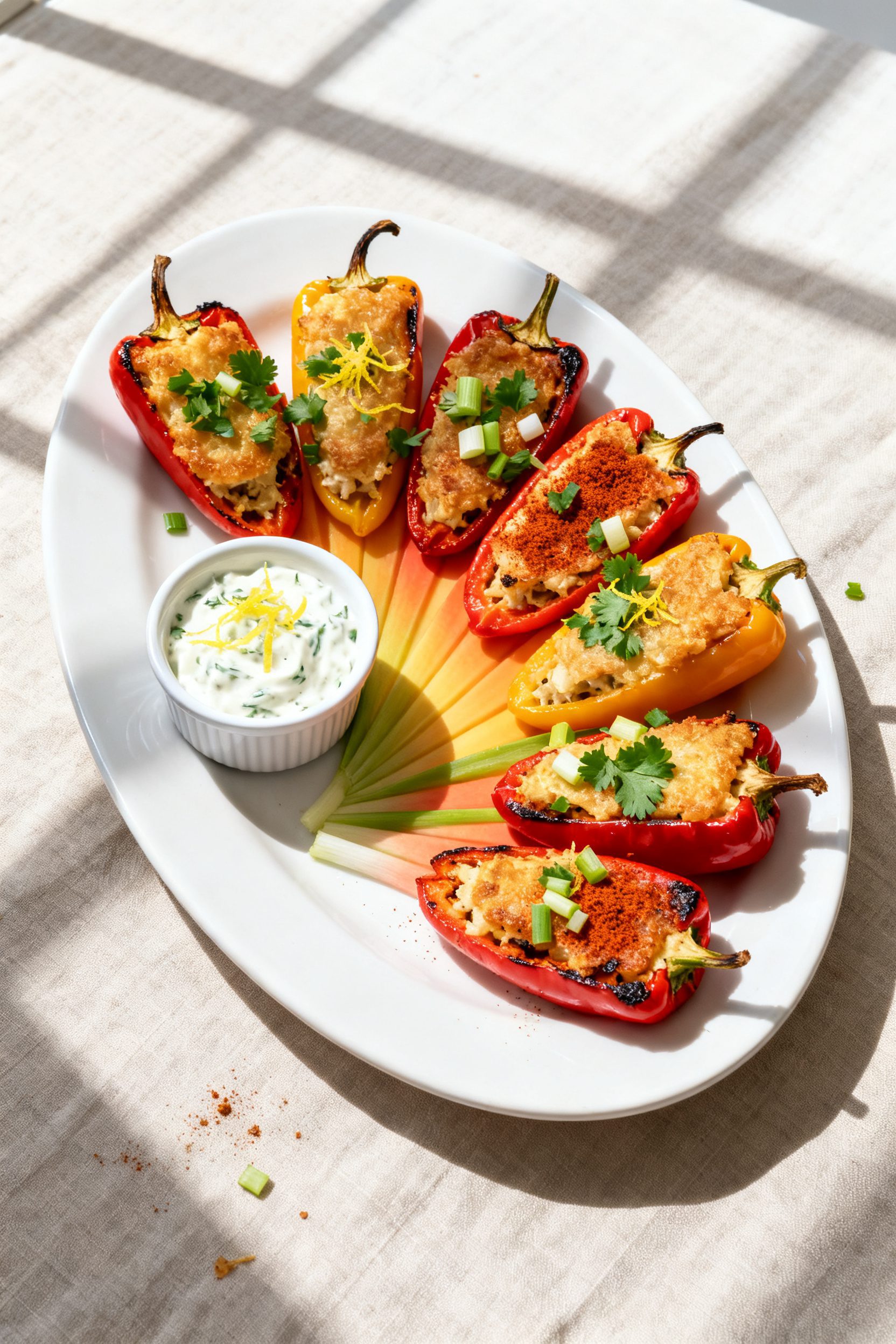 Tasty top view final dish: Overhead shot of a platter of air fryer stuffed mini peppers arranged in 