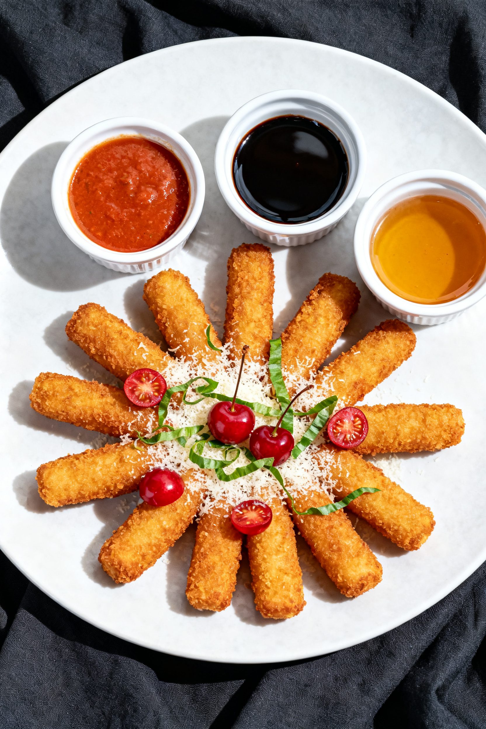 Tasty top view final dish: Overhead shot of a restaurant-quality platter of cherry mozzarella sticks