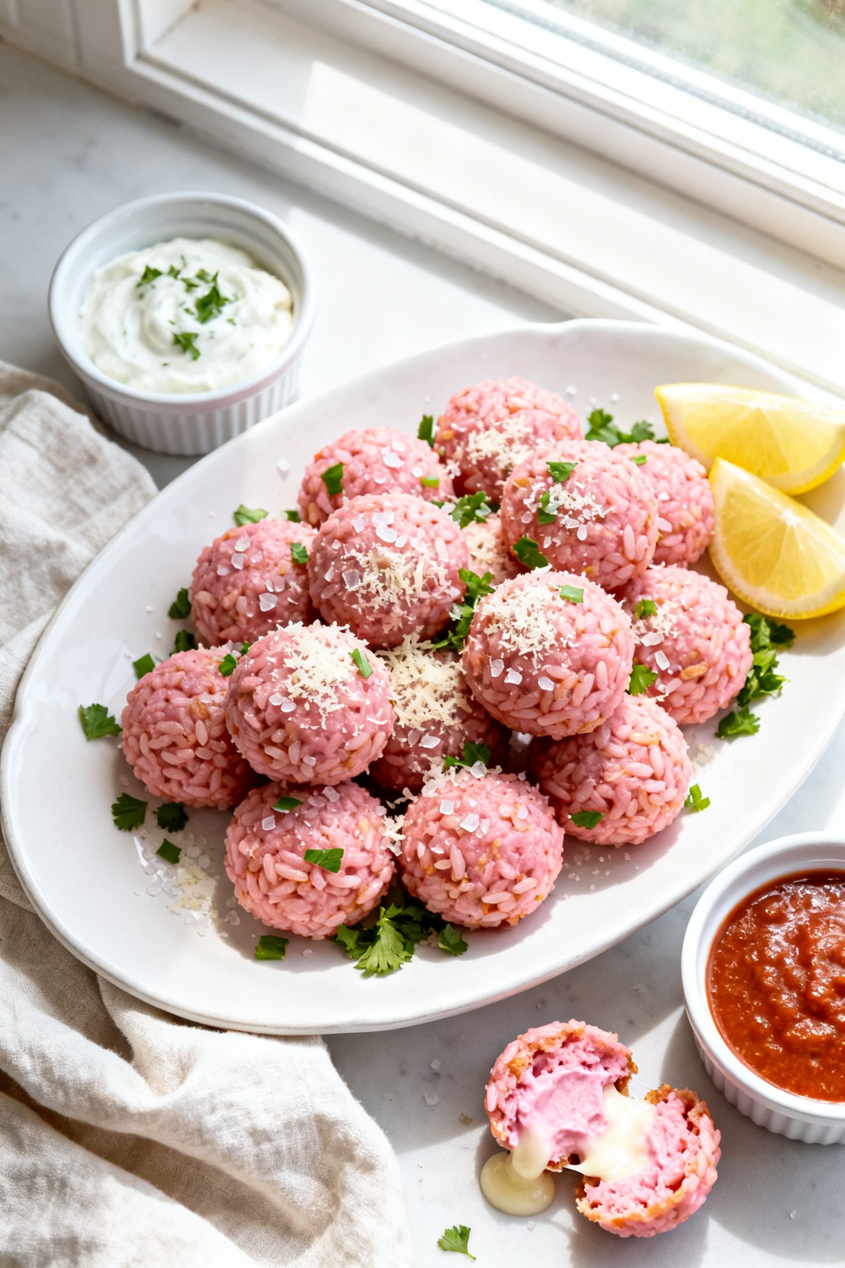 Tasty top view final dish: Overhead shot of a white ceramic platter piled with air fryer pink risott