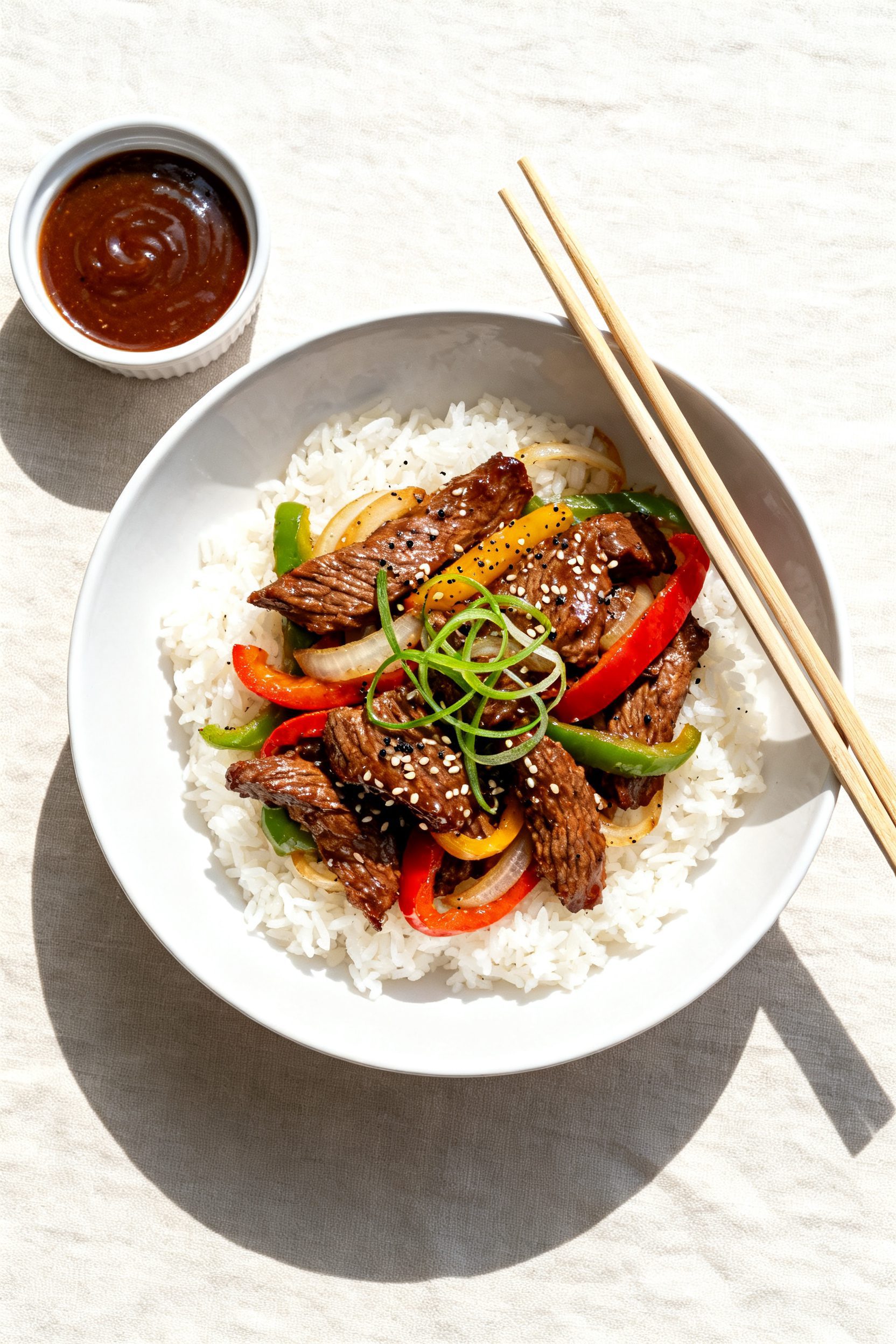 Tasty top-view final dish: Overhead shot of Air Fryer Pepper Steak plated over fluffy steamed jasmin