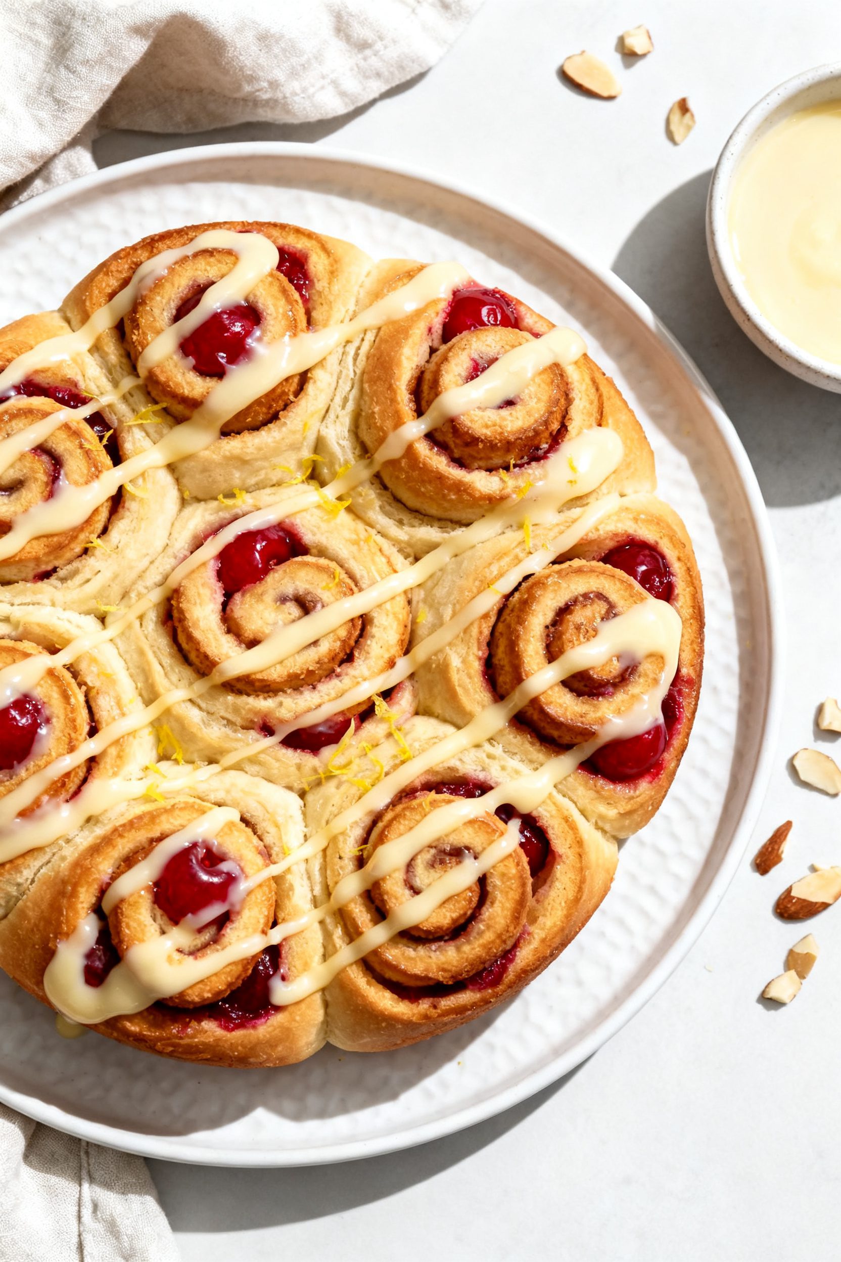 Tasty top view, final dish: Overhead shot of freshly air-fried cherry breakfast rolls arranged with