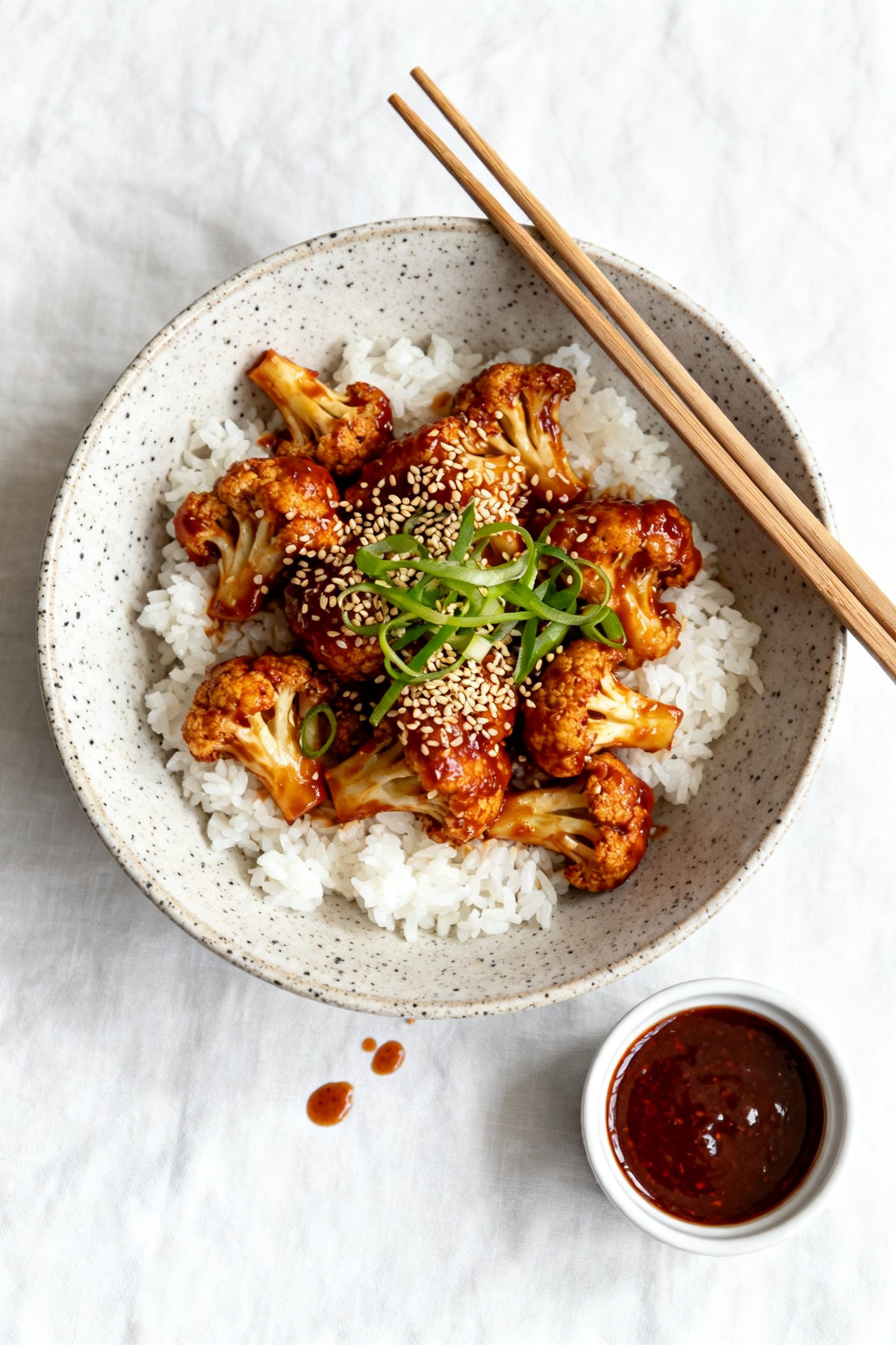 Tasty top view final dish: Overhead shot of Korean gochujang-glazed cauliflower served over fluffy s