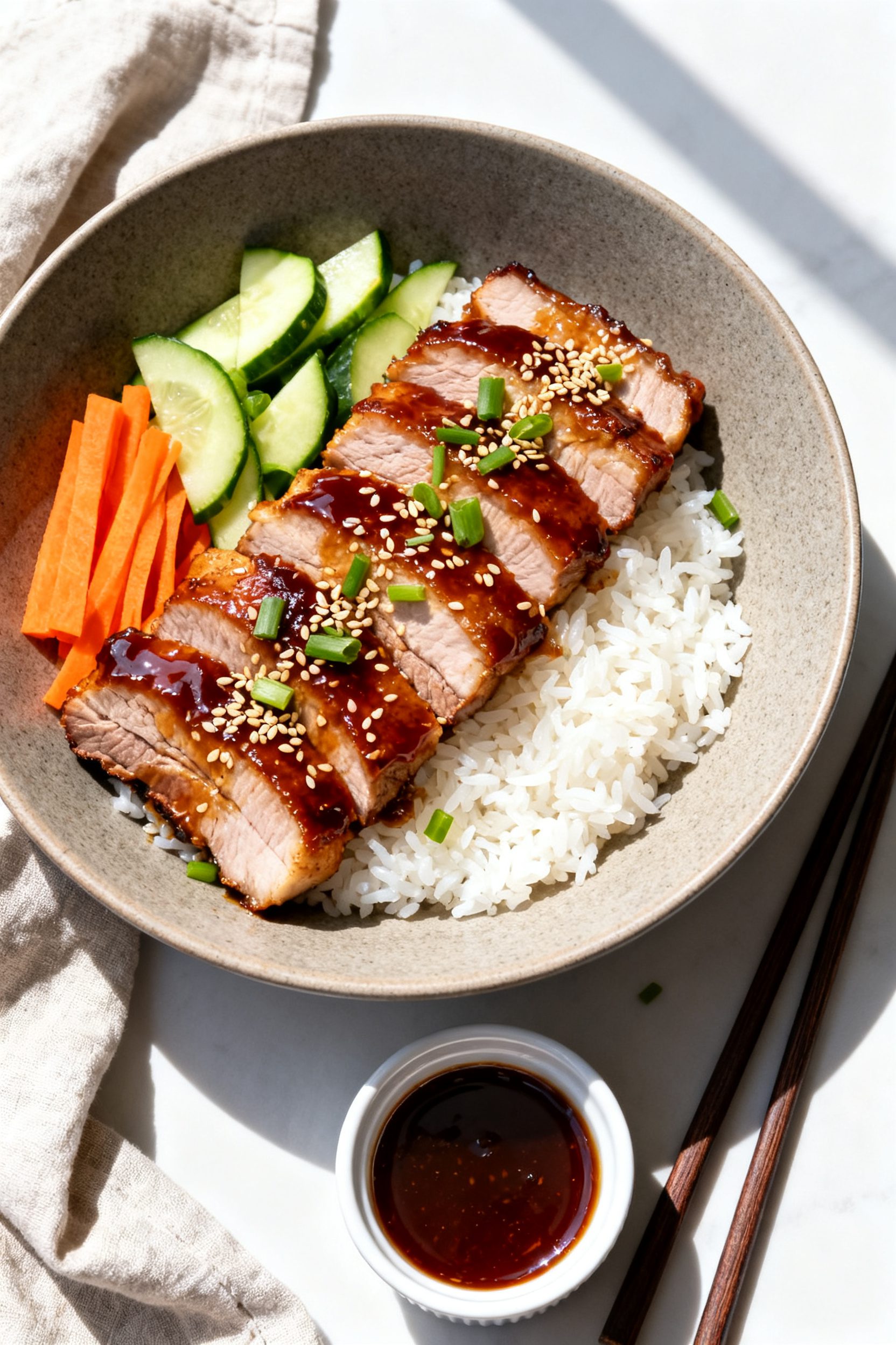 Tasty top view/final dish: Overhead shot of sliced Asian-style air fryer pork belly arranged over st
