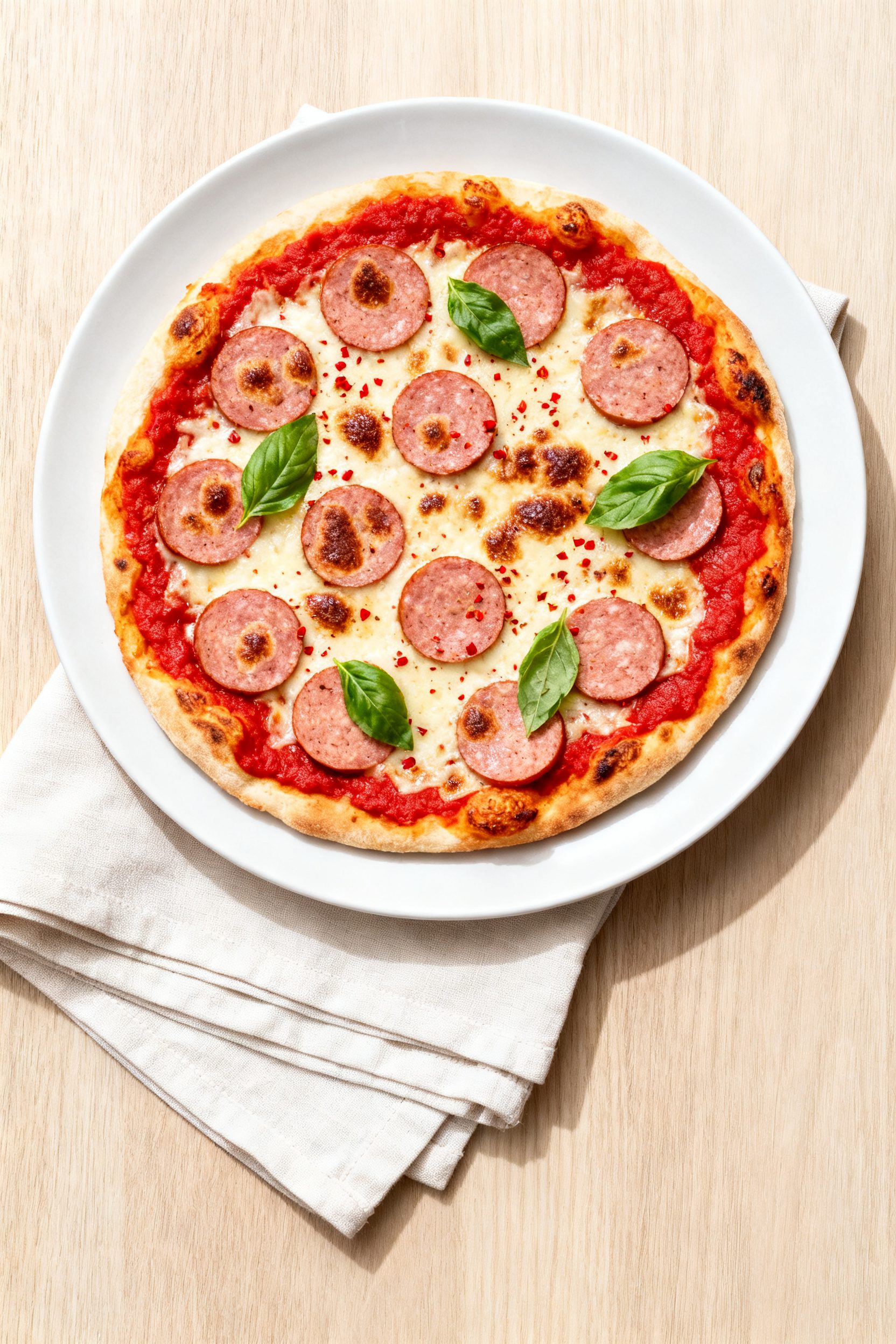 Tasty top view: Final personal pizza just out of the air fryer, overhead shot showing thin layer of