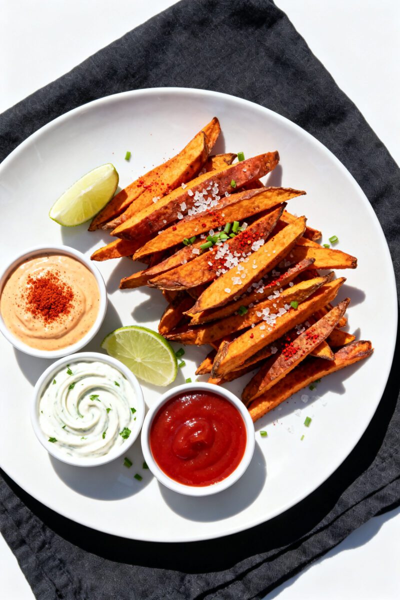 Tasty top-view final presentation: Overhead shot of a restaurant-quality platter of sweet potato fri