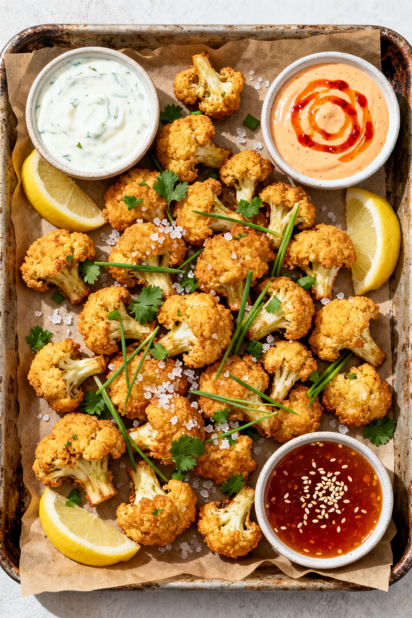 Tasty top-view final presentation: Overhead shot of a platter of air fryer battered cauliflower styl