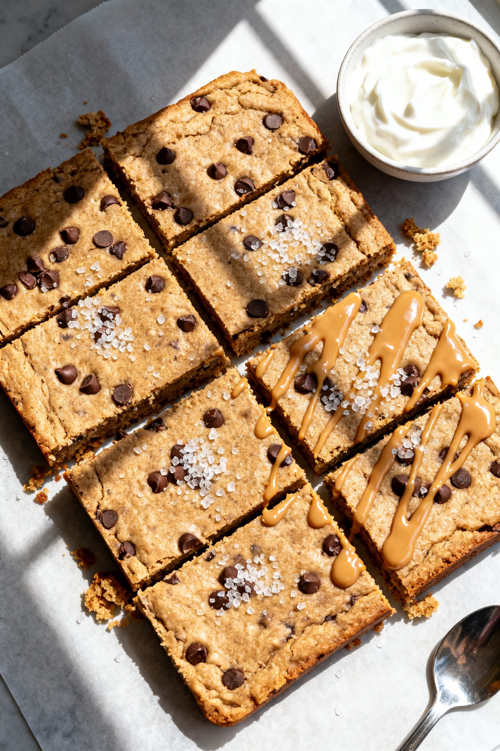 Tasty top view, final sliced bars: Overhead shot of the finished 28g High Protein Air Fryer Bars sli