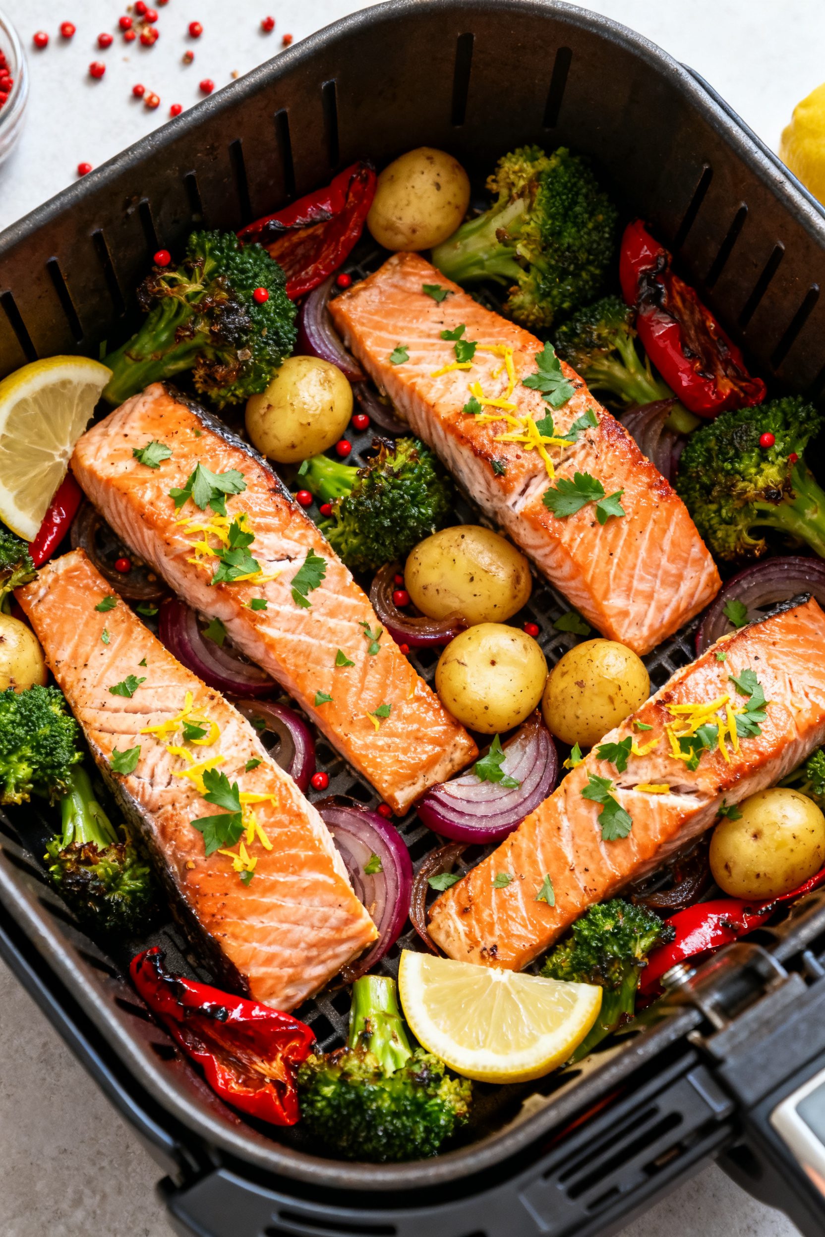 Tasty top view, final tray: Overhead shot of the finished air fryer salmon and veggies right in the 
