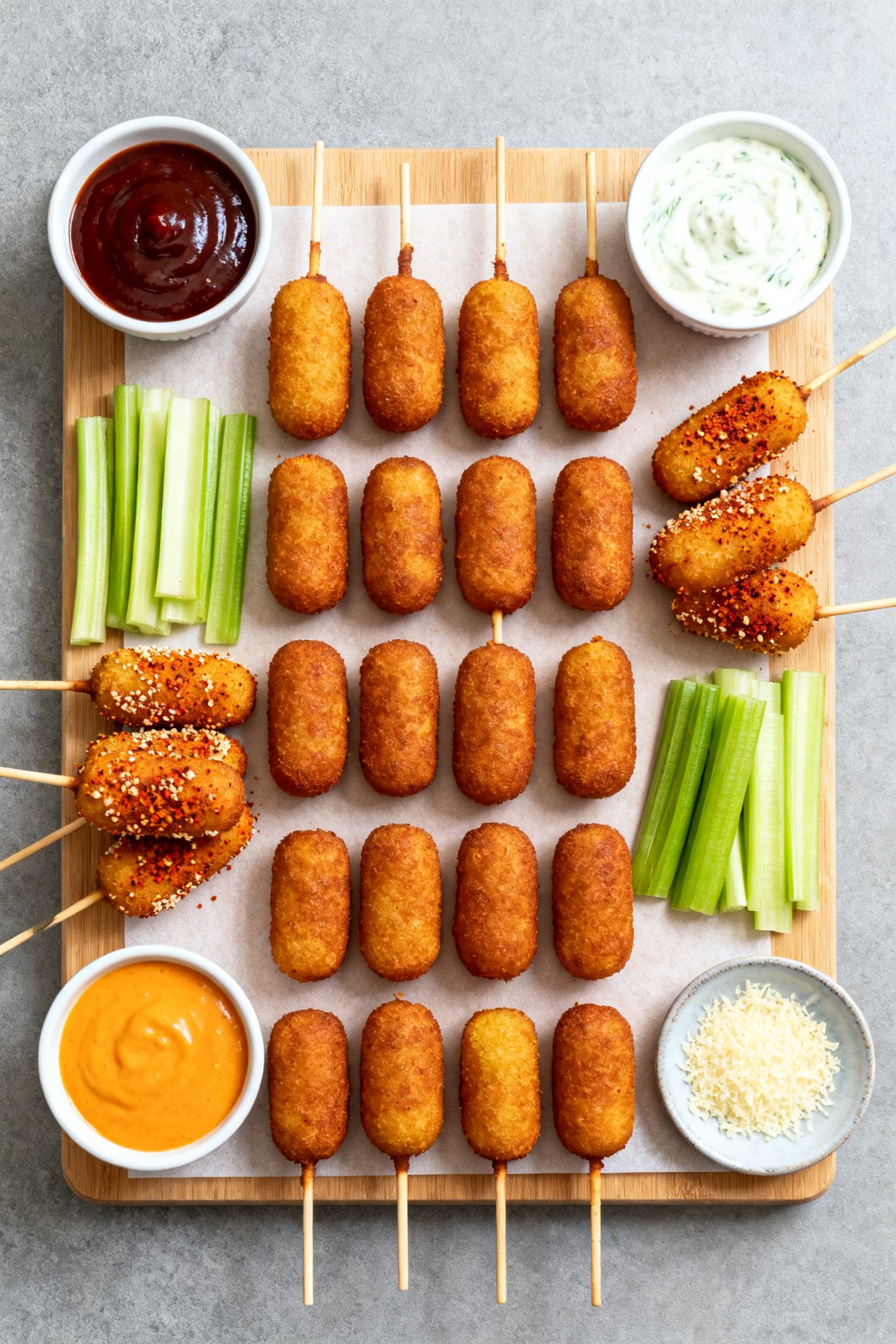 Tasty top view, game-day spread: Overhead shot of a shareable game-day board featuring mini corn dog