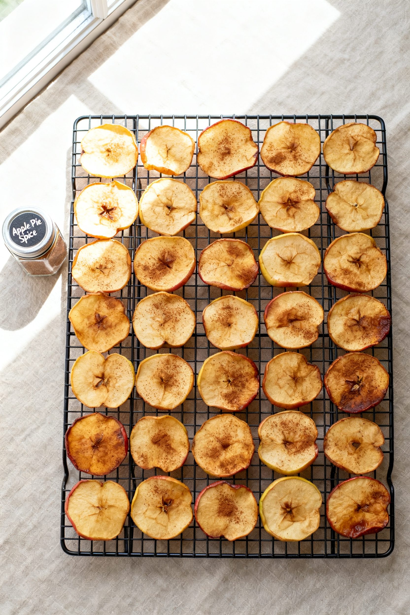 Tasty top view of a cooling rack filled with finished apple chips arranged in an even grid, showcasi