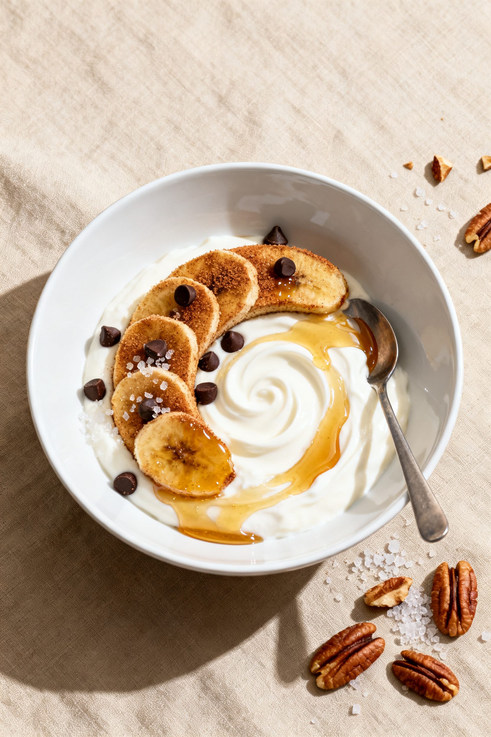Tasty top view of churro-style air fryer cinnamon sugar bananas served warm over a swirl of vanilla 