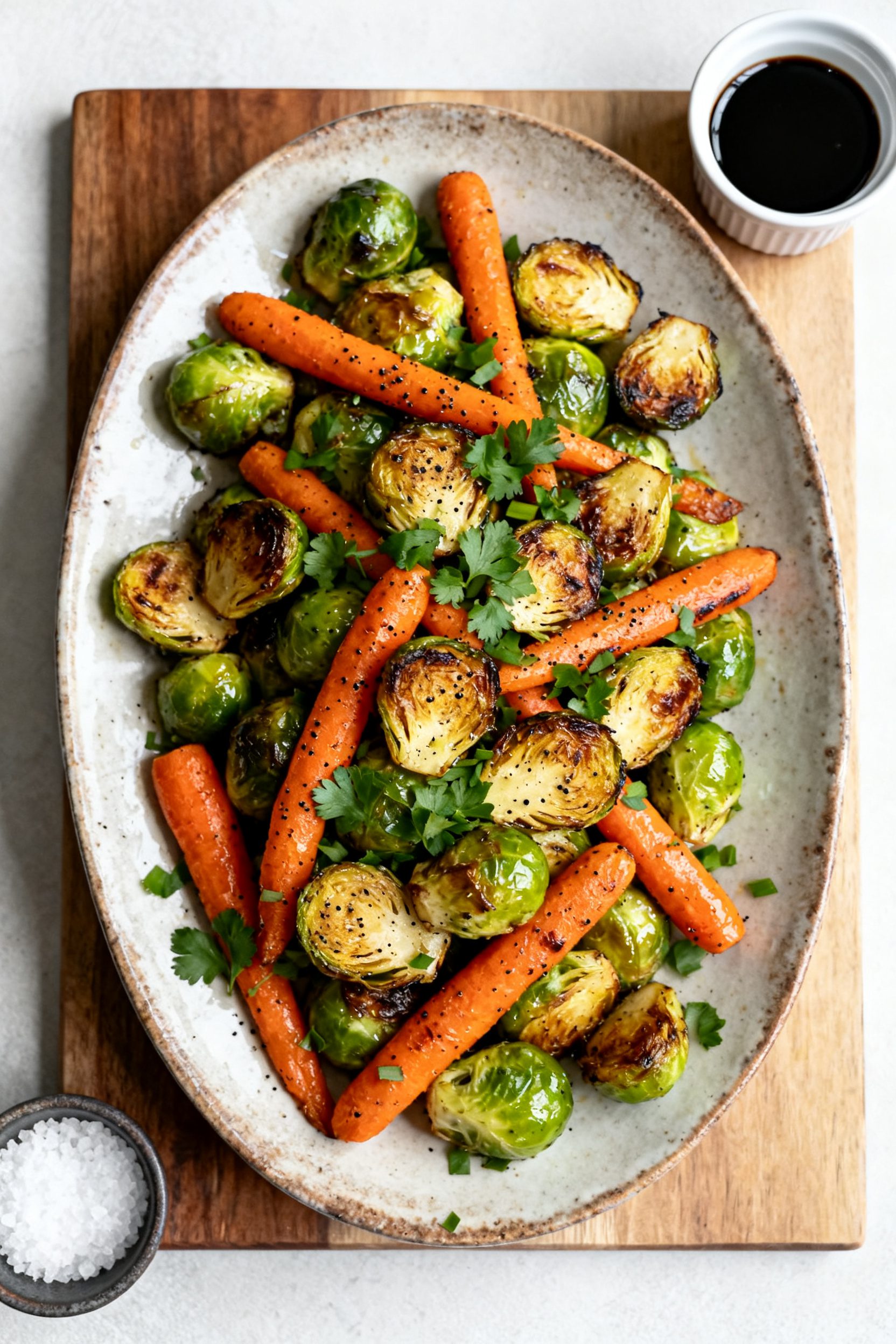 Tasty top view, overhead hero shot: Overhead shot of the finished Brussels sprouts and carrots piled