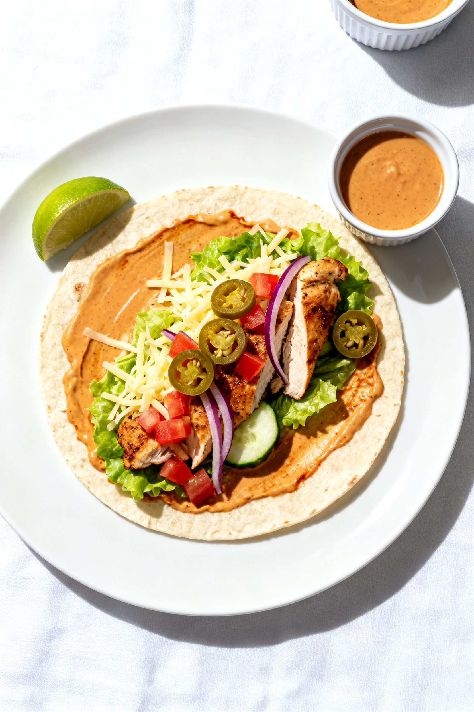 Tasty top view (overhead): Open-faced chicken wrap on a warm flour tortilla, spread with chipotle ma