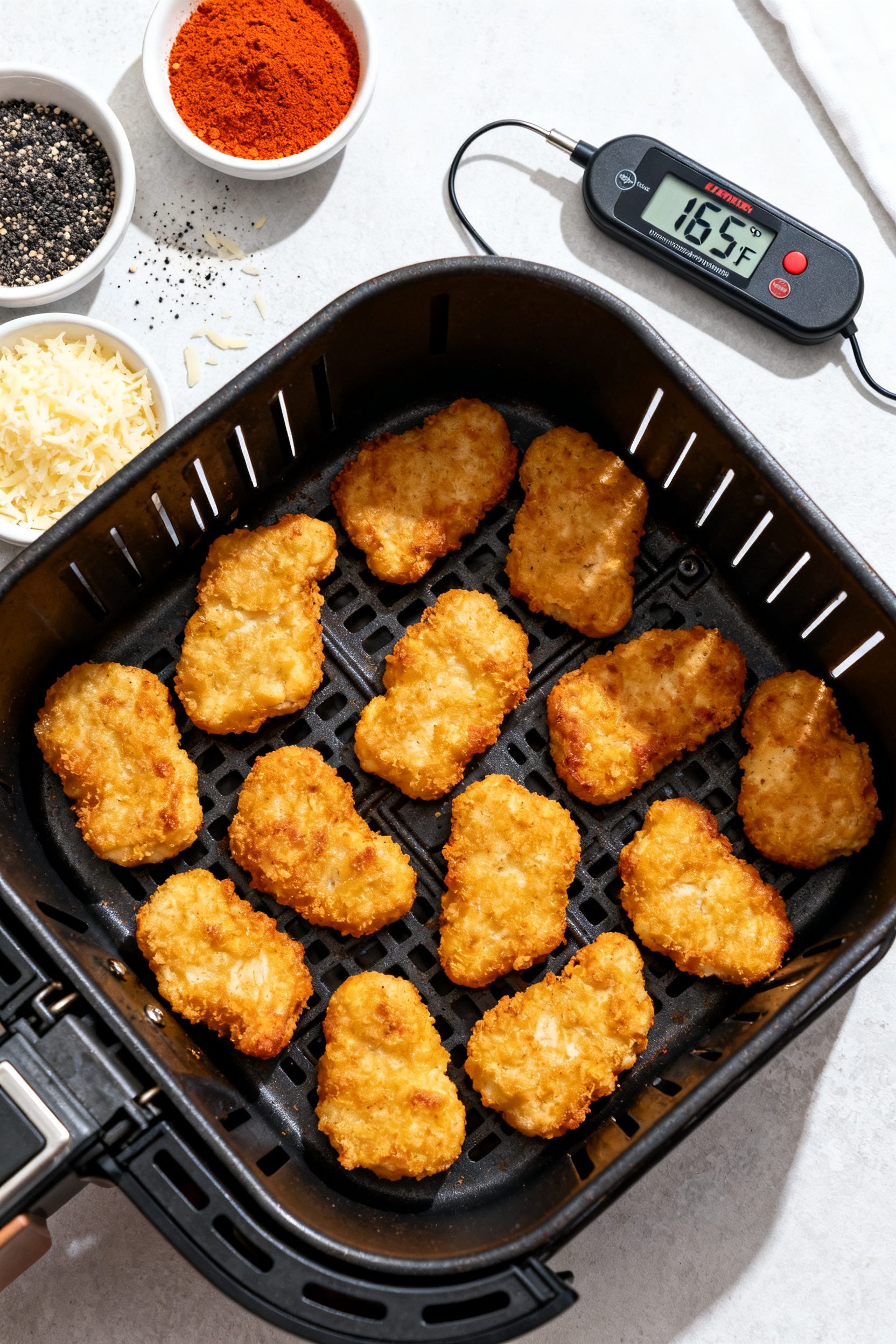 Tasty top view (overhead): Overhead shot of a single-layer arrangement of cooked chicken nuggets in 