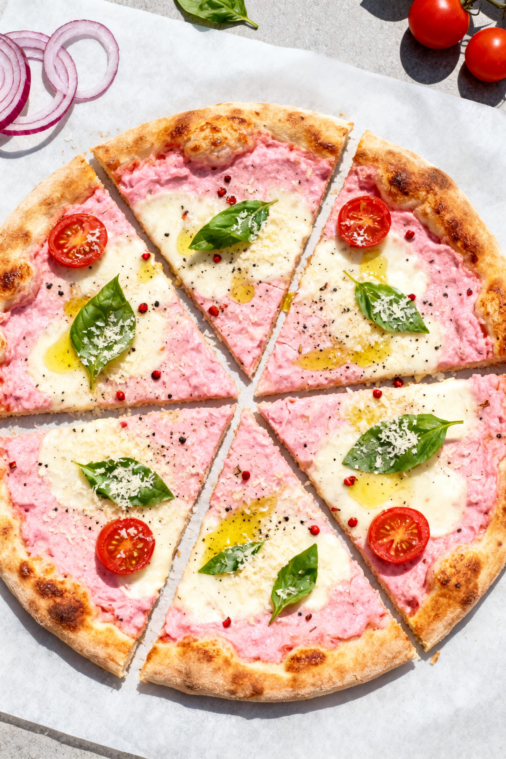 Tasty top view, overhead: Overhead shot of the finished Air Fryer Pink Pizza on parchment, sliced in