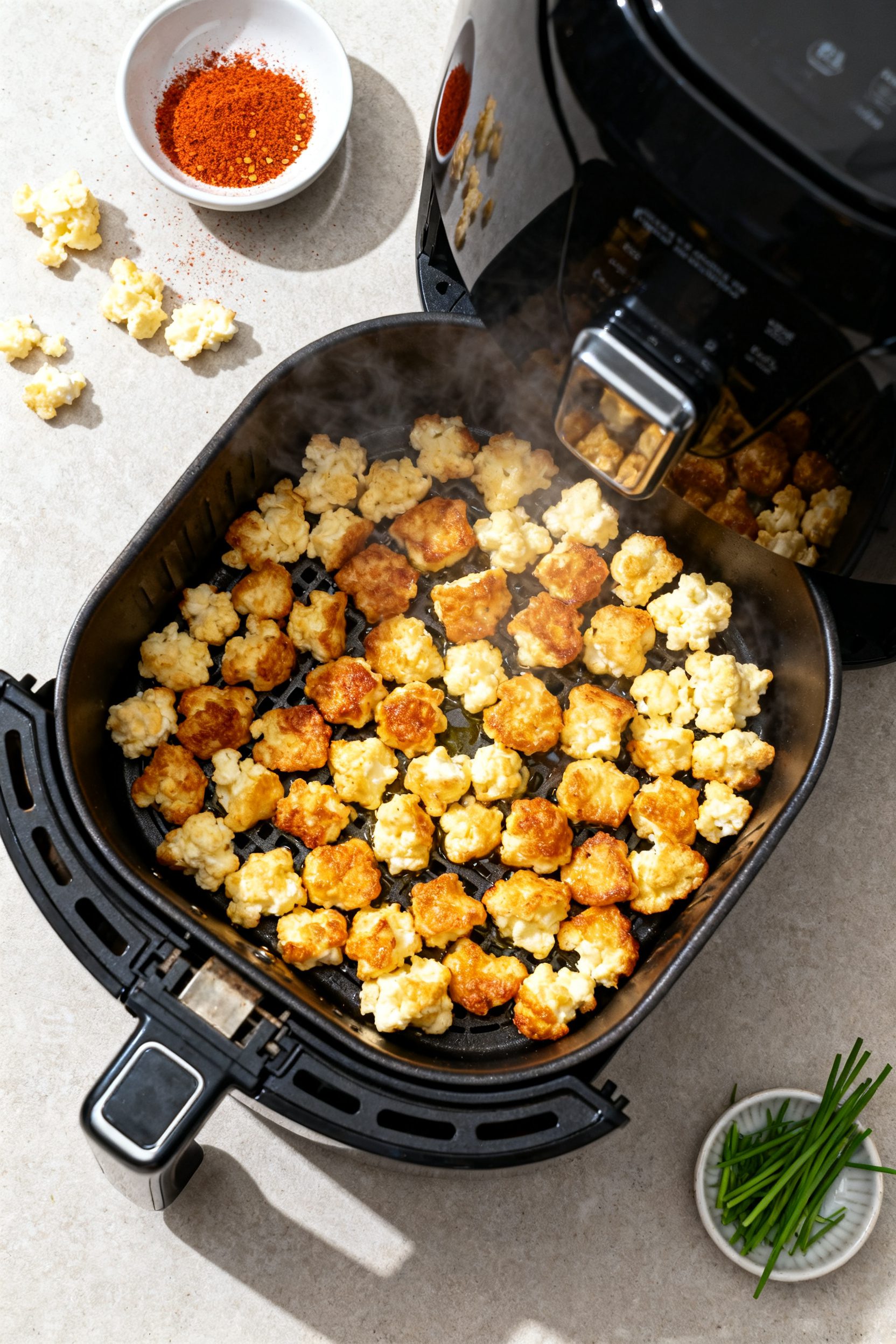Tasty top view (overhead process-to-serve transition): Air fryer basket open with curds in a perfect