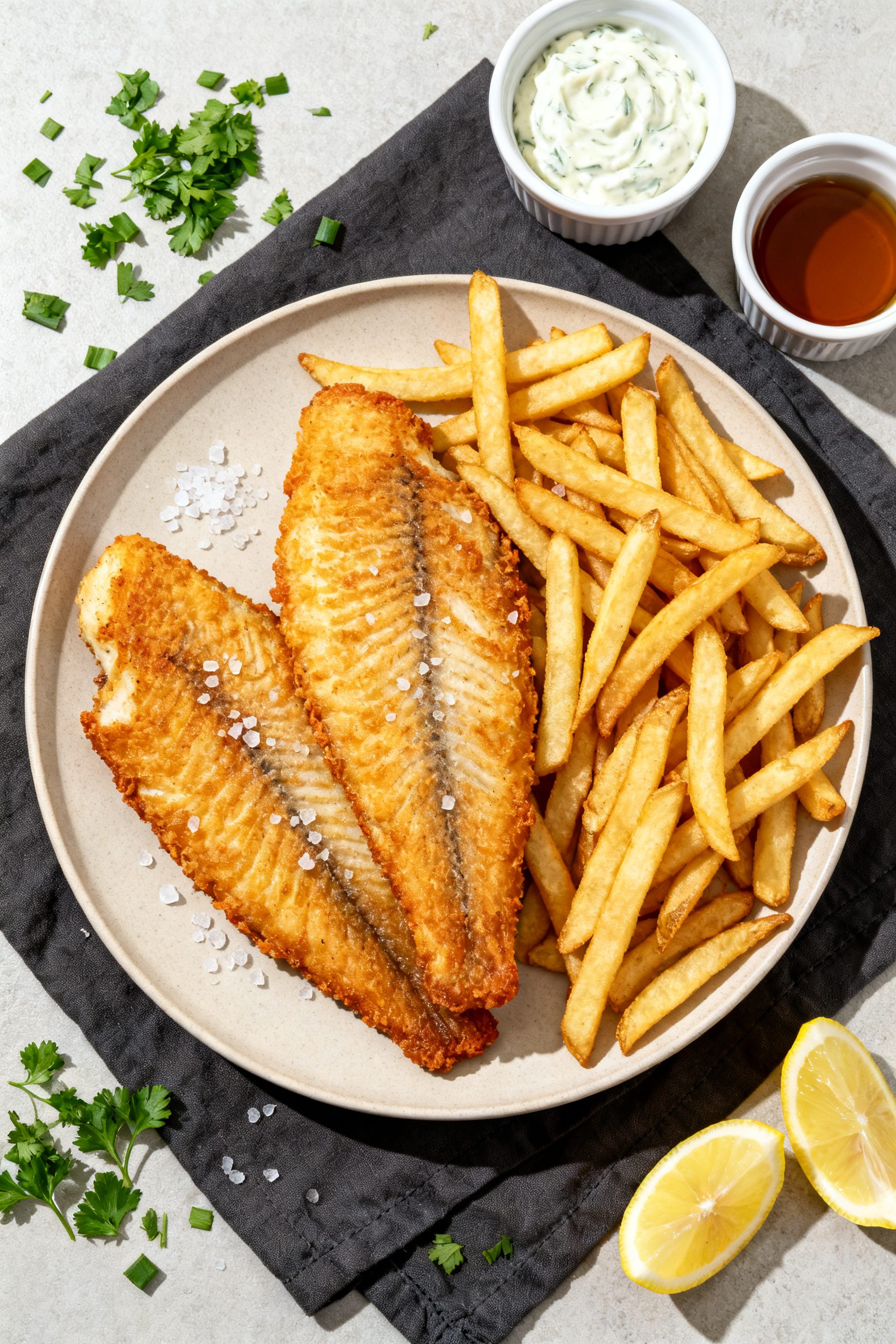Tasty top view: Overhead pub-style plating of Air Fryer Fish and Chips Tilapia—two crisp fillets n