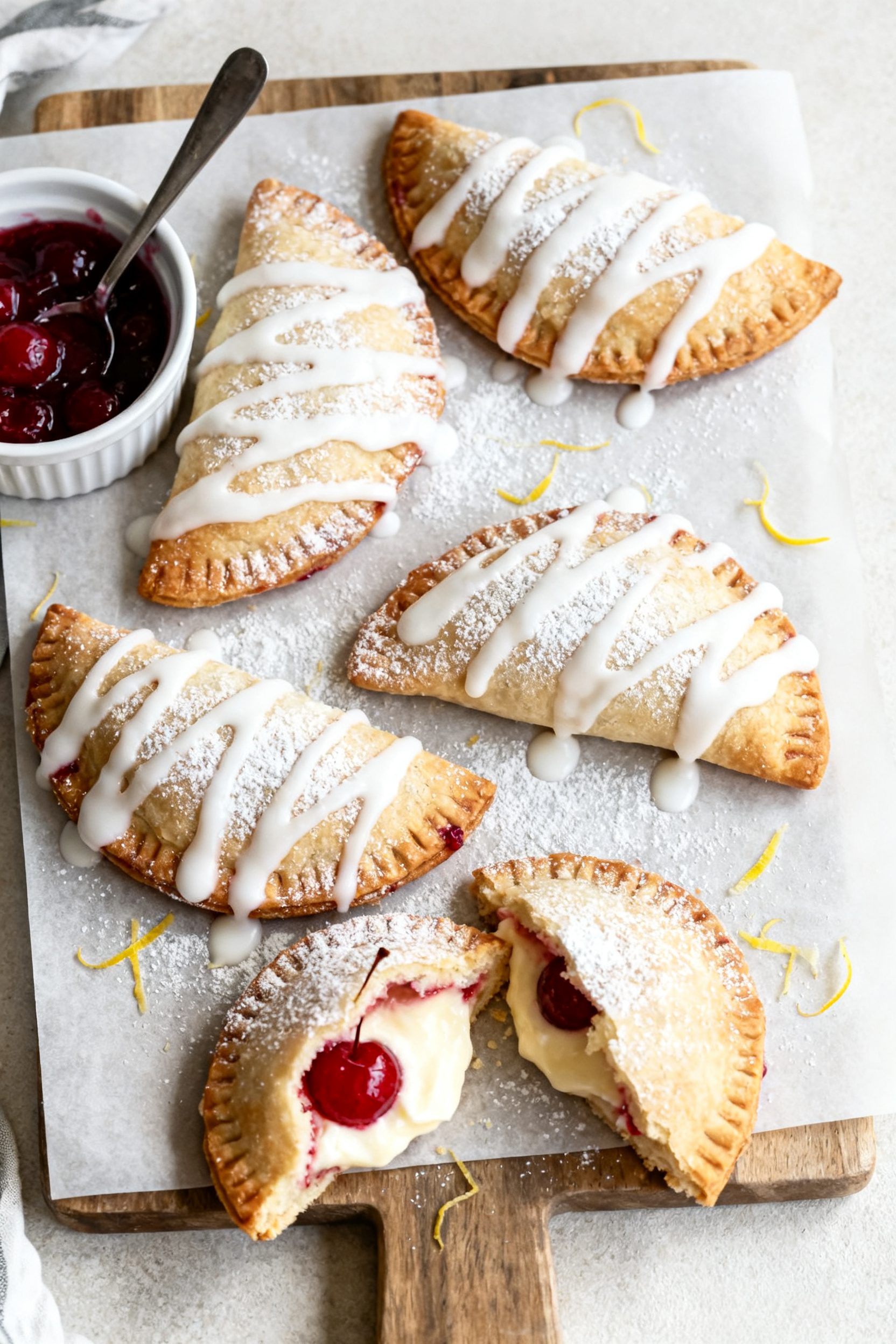Tasty top view: Overhead shot of 4–6 finished cherry cheesecake hot pockets arranged on a parchmen