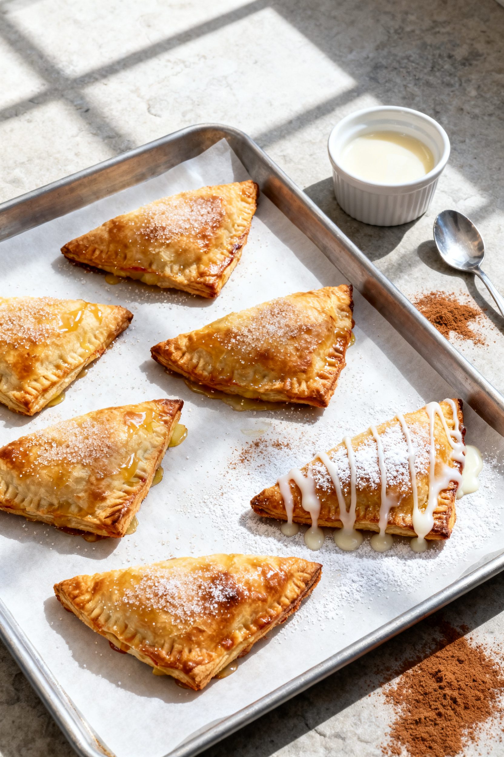 Tasty top view: Overhead shot of 6–8 freshly air-fried apple turnovers arranged with space on a pa