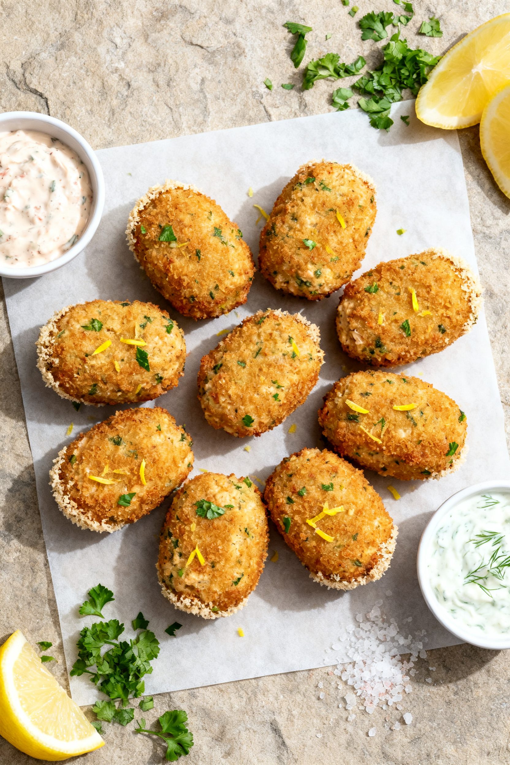Tasty top view: Overhead shot of 8–10 air-fried tuna croquettes arranged in a loose circle on a pa