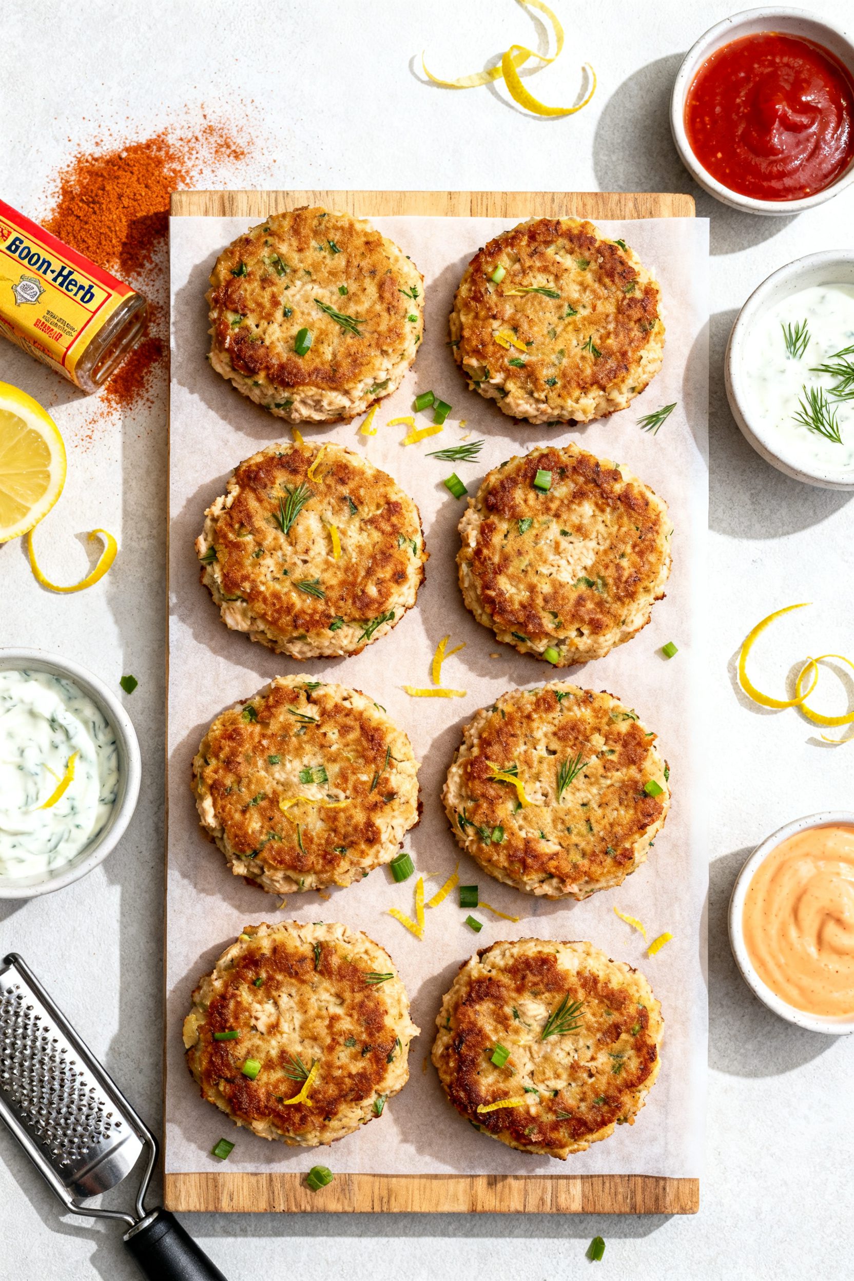 Tasty top view: Overhead shot of a “Lemon-Herb” variation—tuna cakes arranged in a neat grid o