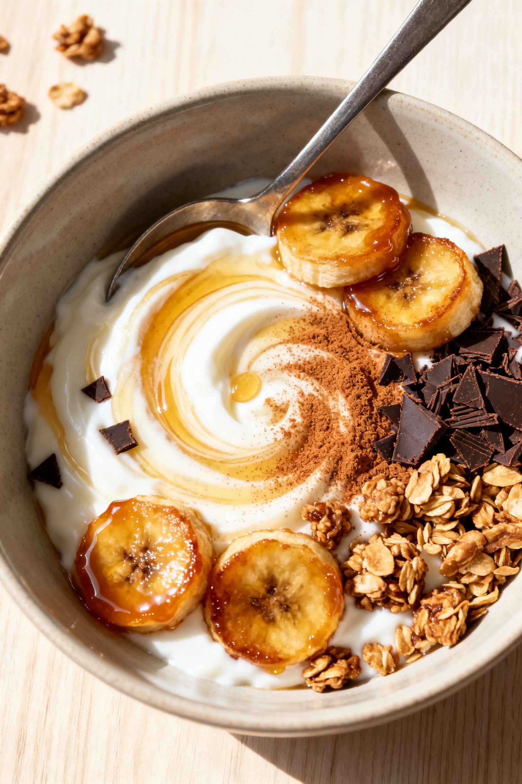 Tasty top view: Overhead shot of a breakfast bowl—Greek yogurt swirled with honey, crowned with wa