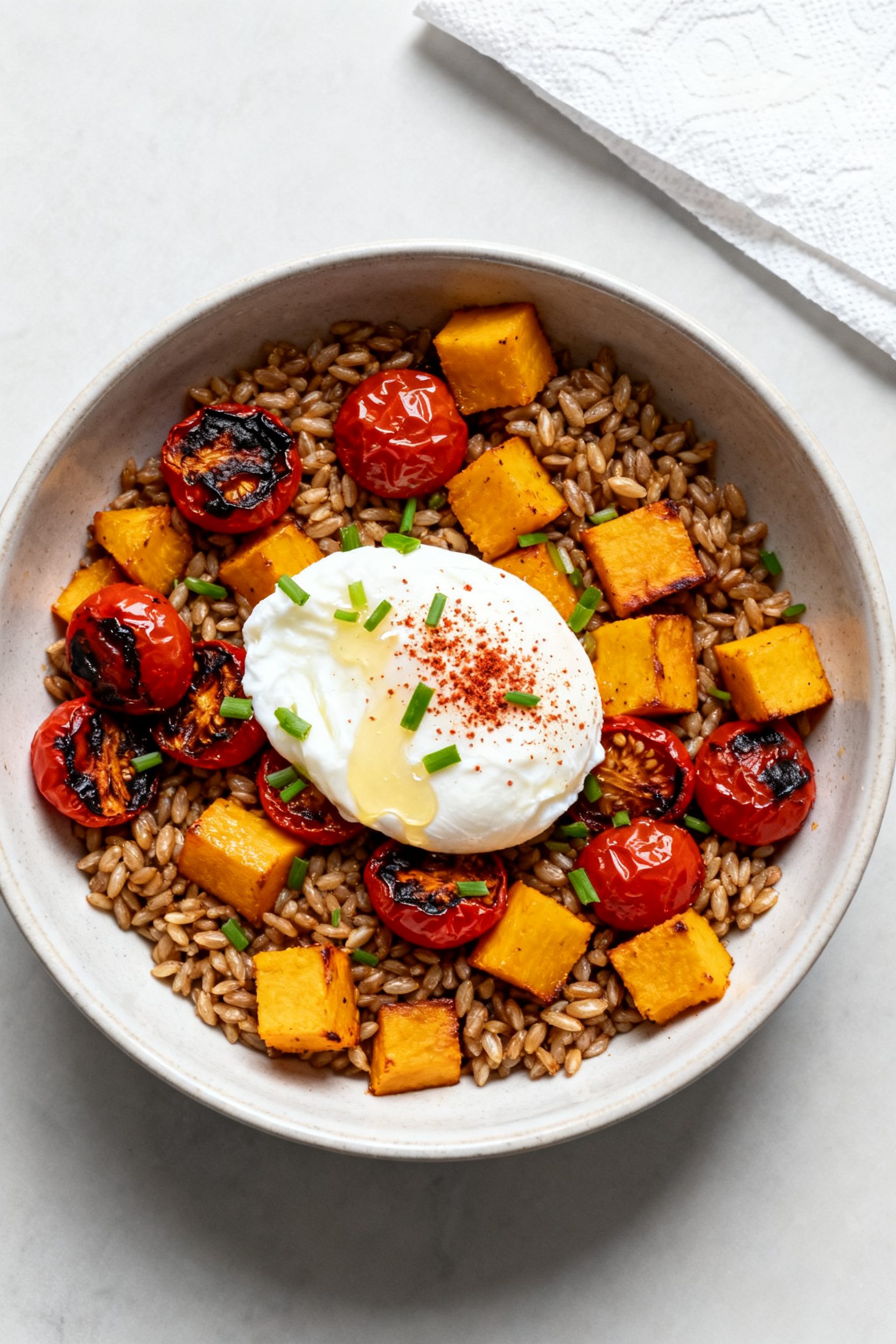 Tasty top view: Overhead shot of a breakfast grain bowl—farro tossed with roasted veggies (charred